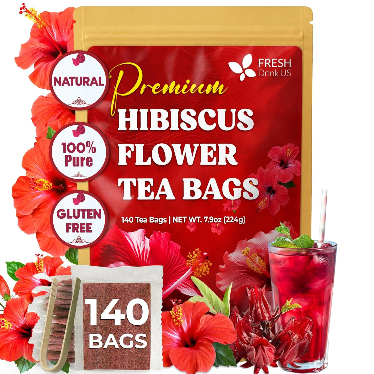 , Premium 140 Hibiscus Flowers Tea Bags, 100% Natural, Handmade & Pure from Hibi