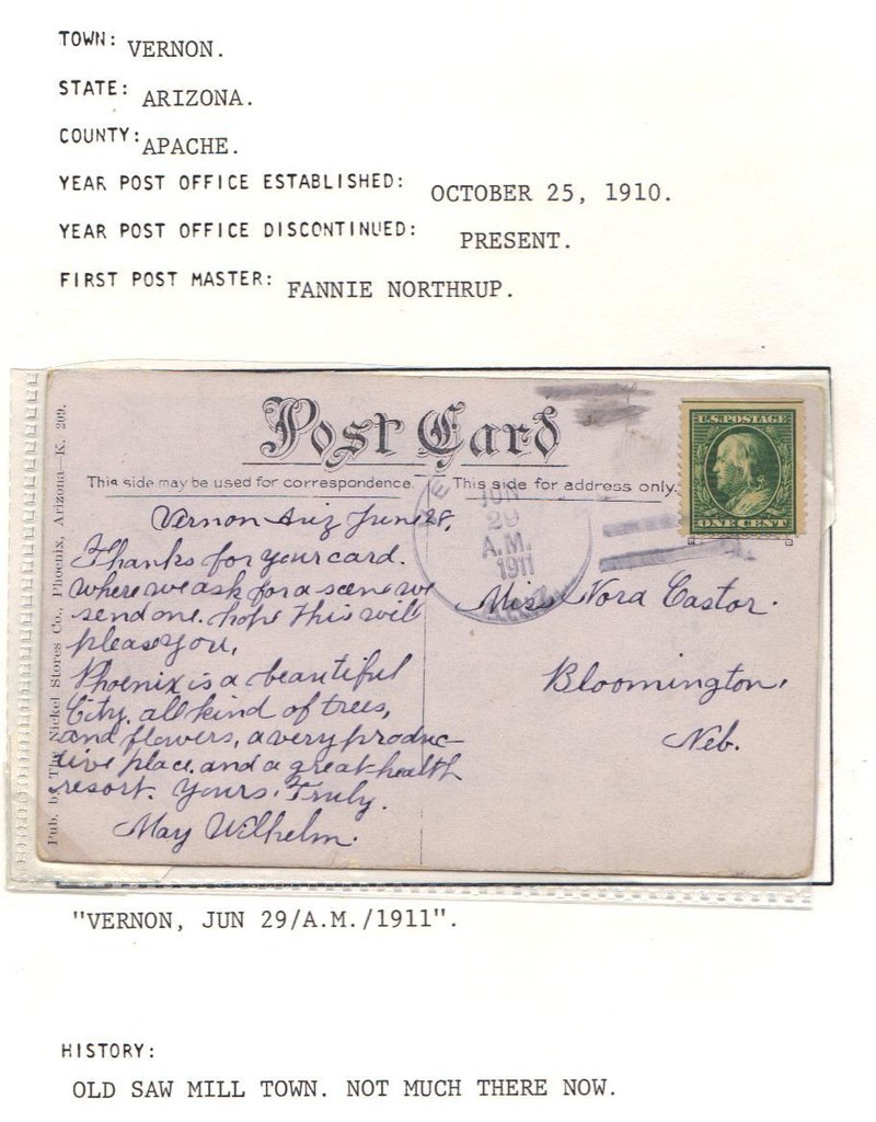 US 1887-1920's ARIZONA COLL OF 7 DIFF TOWN CVRS & PC INC TERRITORIAL & DISC PD's