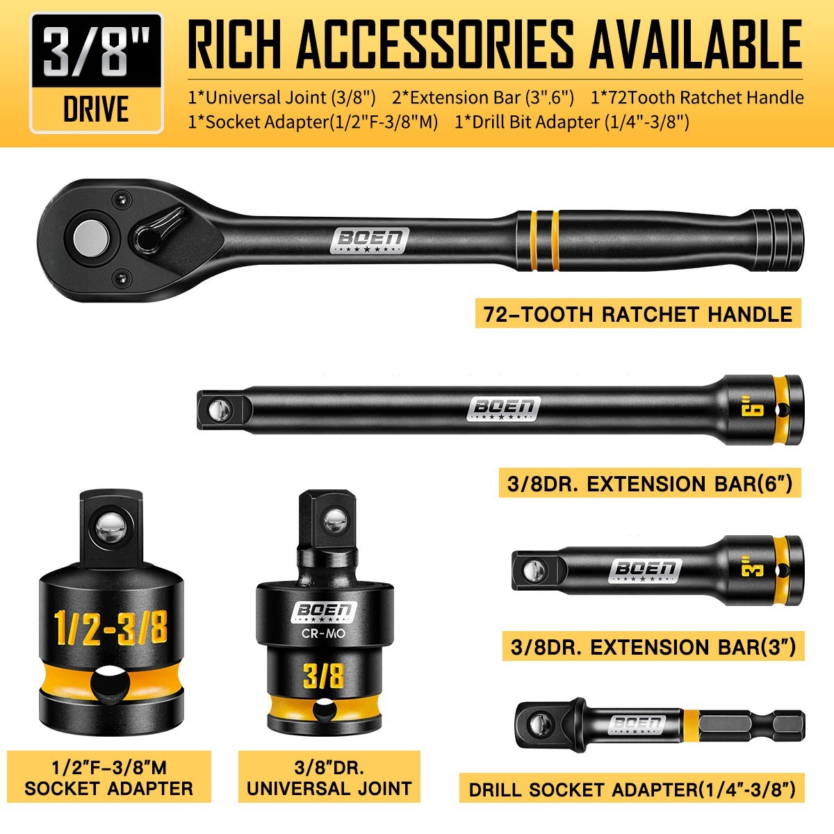 3/8'' inch Impact Socket Set, 50PCS SAE (5/16 to 3/4 inch) and Metric (8mm-22mm)