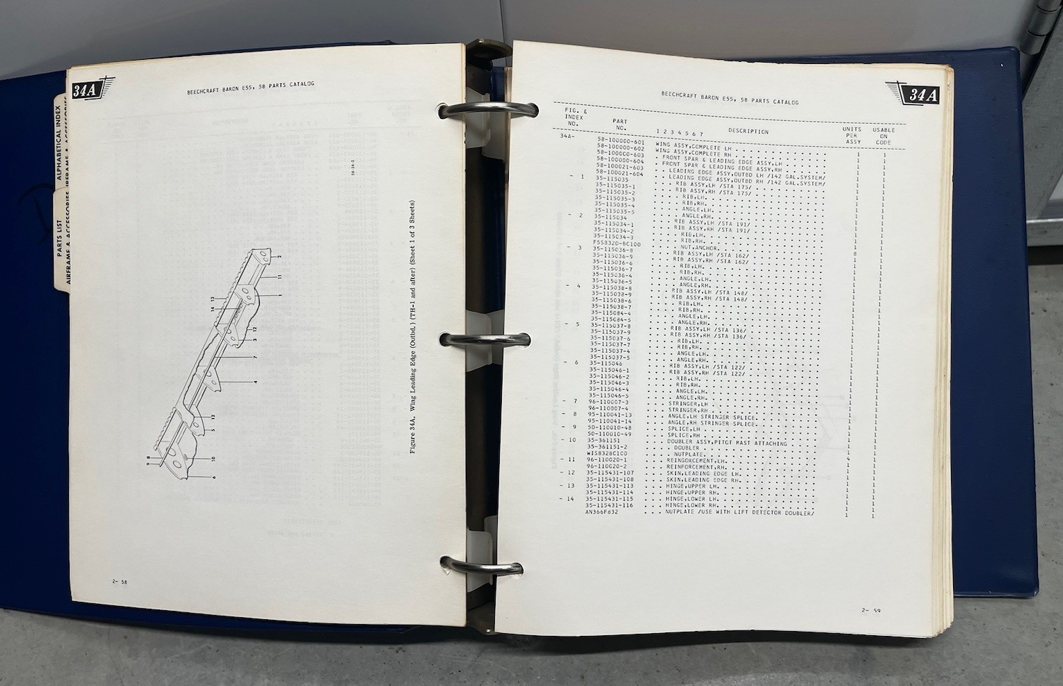 Beechcraft E55, 58 Baron Parts Catalog 58-590000-5 Original