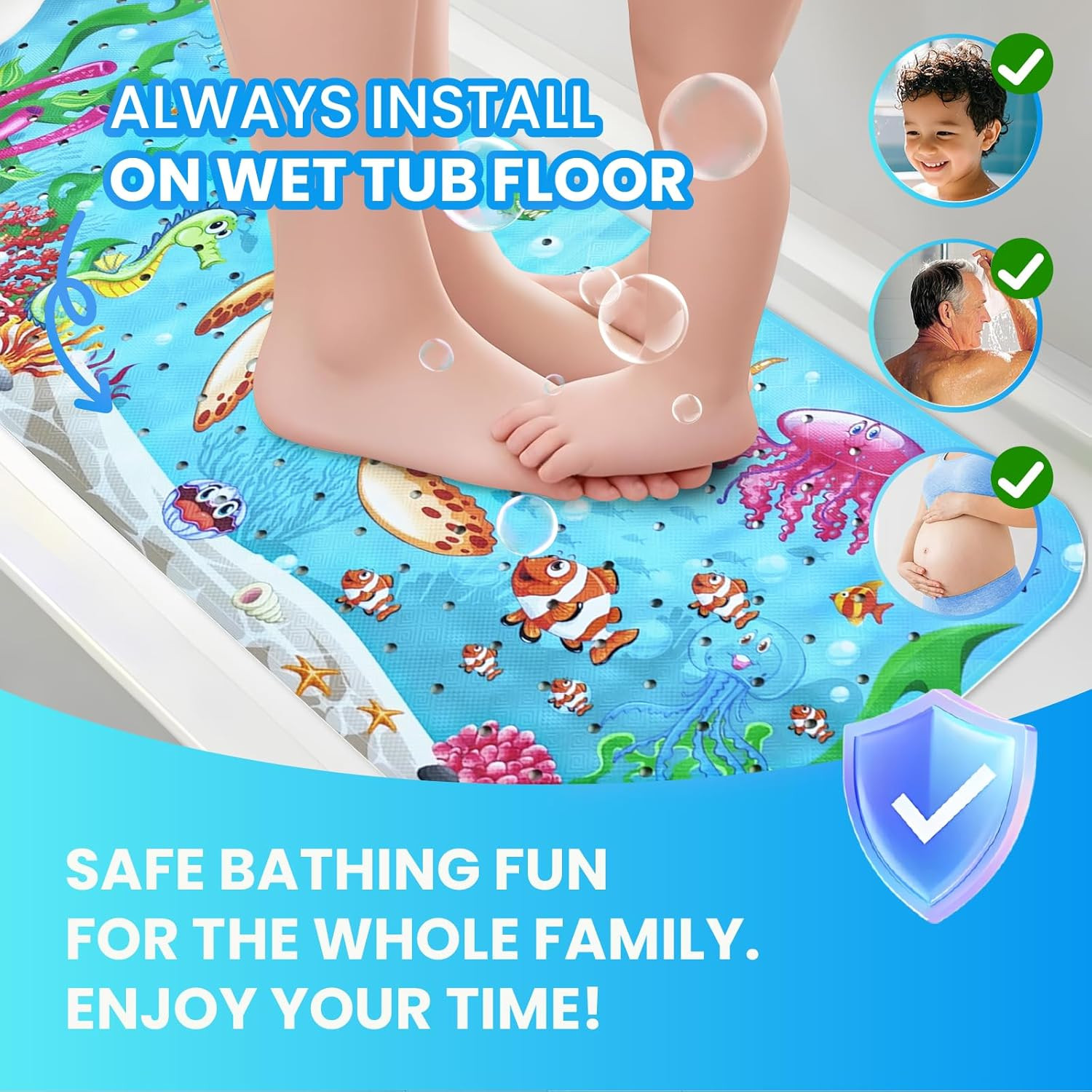 Baby Bath Tub Mat, 40 X 16 Inch Extra Large Non Slip Kids Cartoon Bathtub Shower
