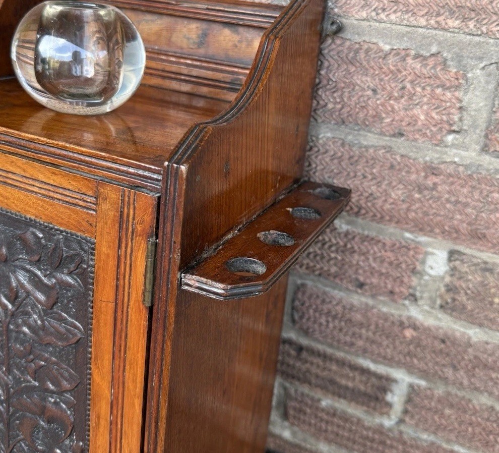 Antique Edwardian Oak Wall Hanging Smokers Cabinet & Original Glass Match Holder