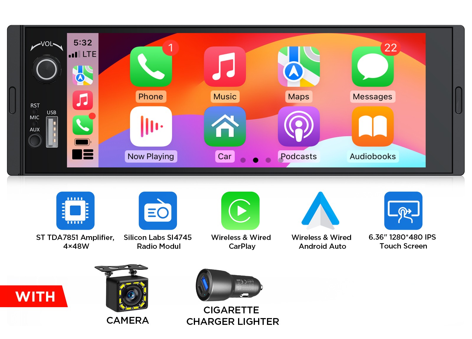 Eonon X3U 6.36inch IPS Single DIN Wireless Android Auto CarPlay Car Stereo Radio