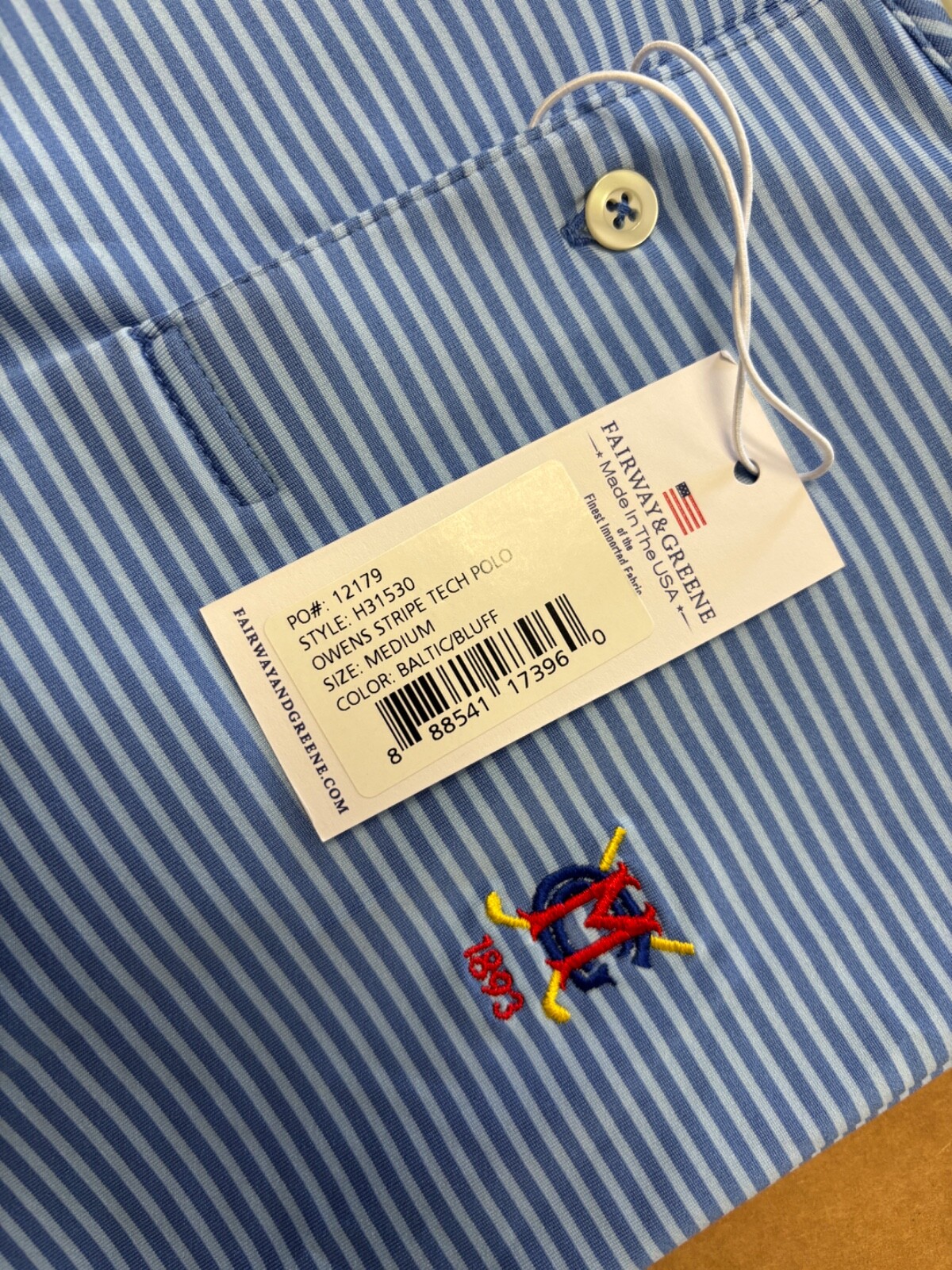 NWT MEN'S FAIRWAY & GREENE OWENS STRIPE POLO, SIZE: M, COLOR: BALTIC/BLUFF (M23)