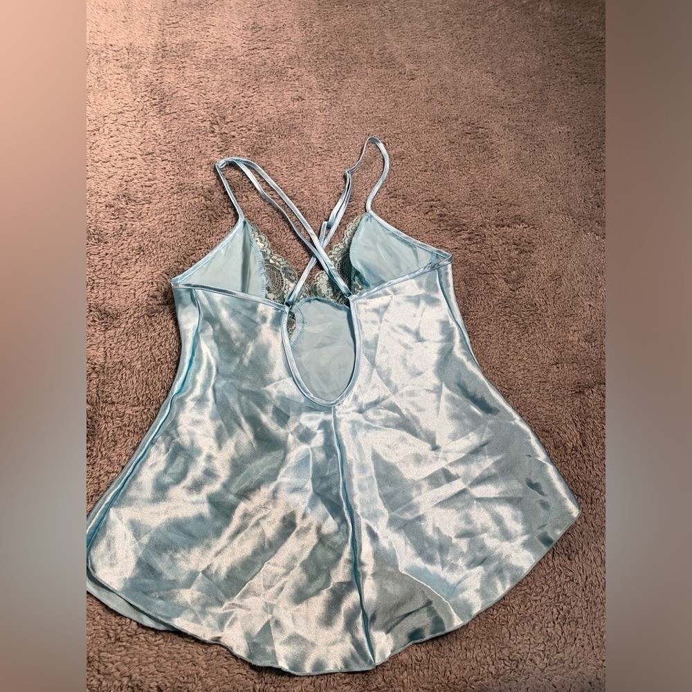 Frederick's of Hollywood Light Blue Satin Nightgown lace XS