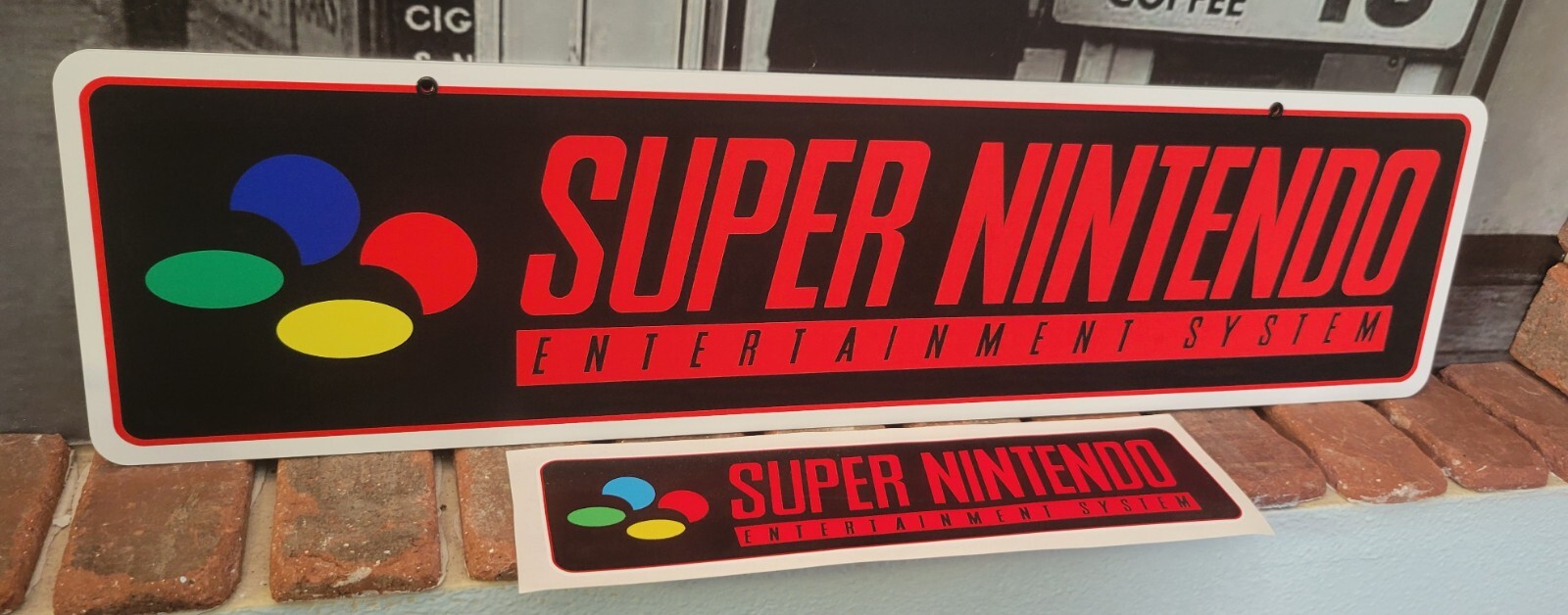 Super Nintendo Logo Aluminum Sign 6" x 24"  with free decal.