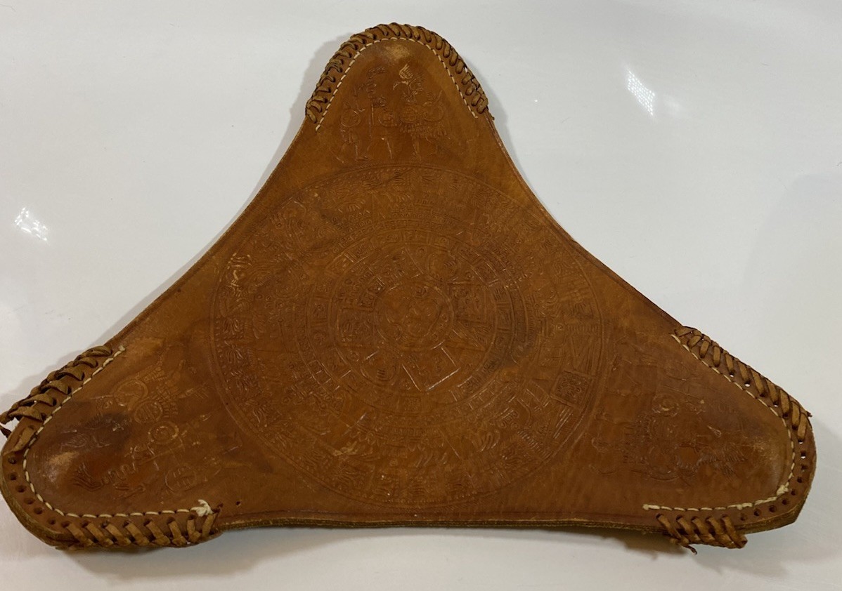 Vintage Leather Tripod Stool Cover Mexican Aztec Calendar Saddle Hand Tooled