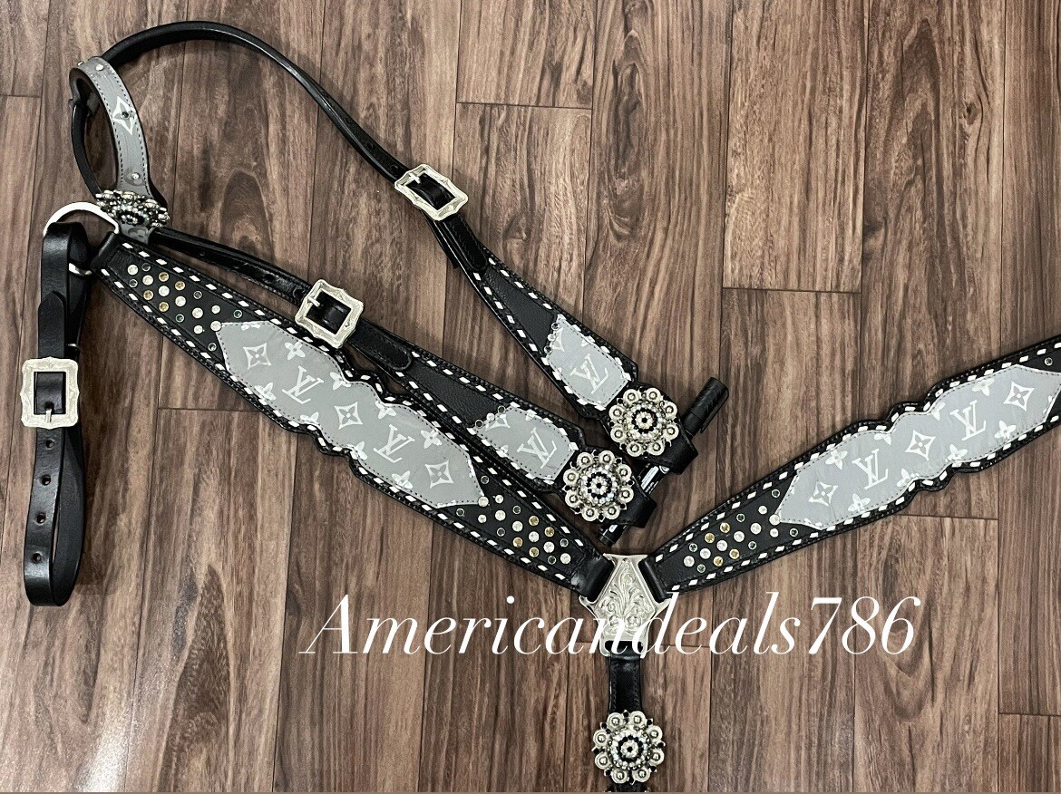 Western Black Leather Bling Tack Set Of Headstall And Breast Collar