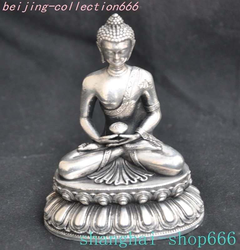3.8"Xizang Buddhism Temple Silver Shakyamuni Sakyamuni Shakya Mani Buddha Statue