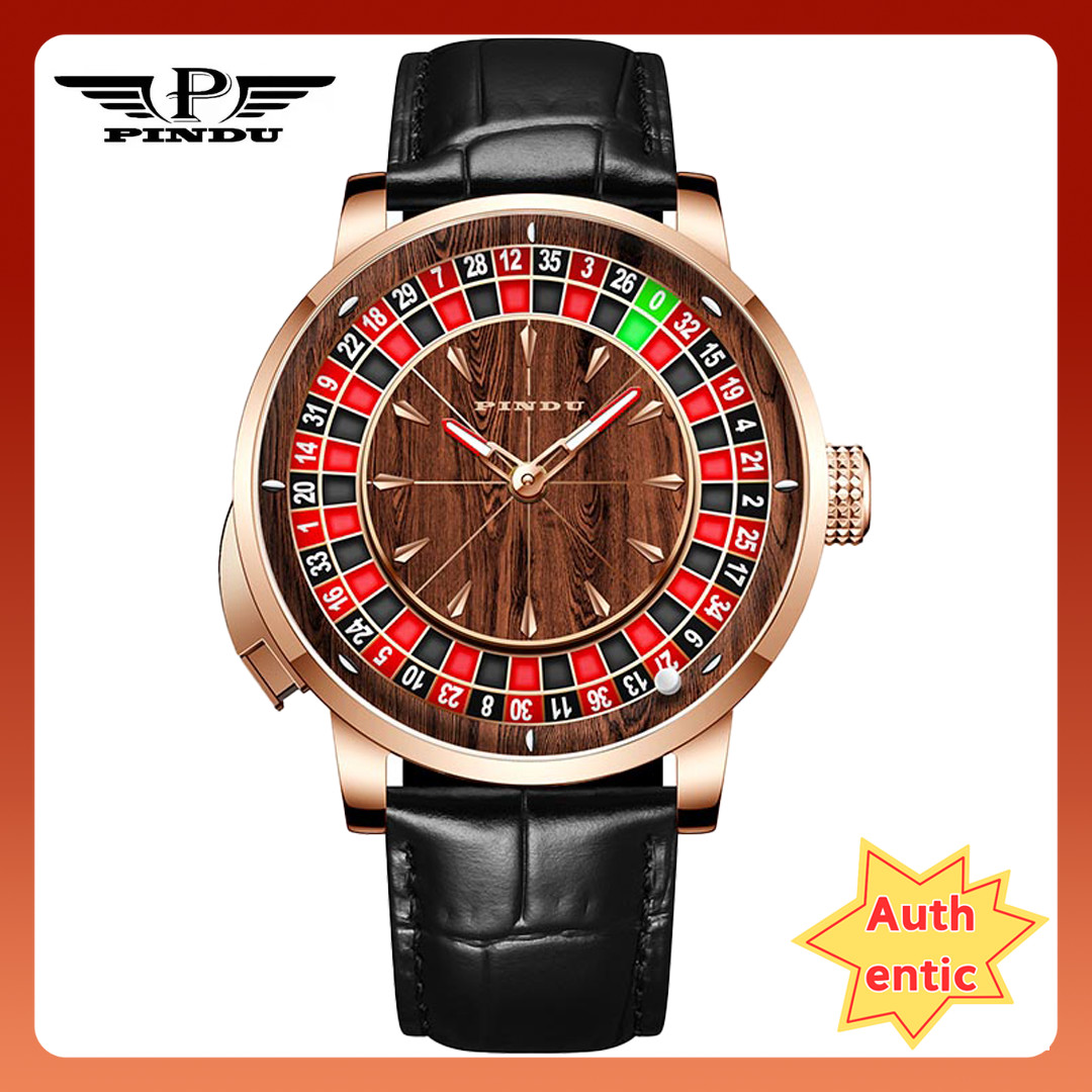 PINDU Roulette-Themed Rose Gold with Wood-Grain/Featured Dial Genuine Leather