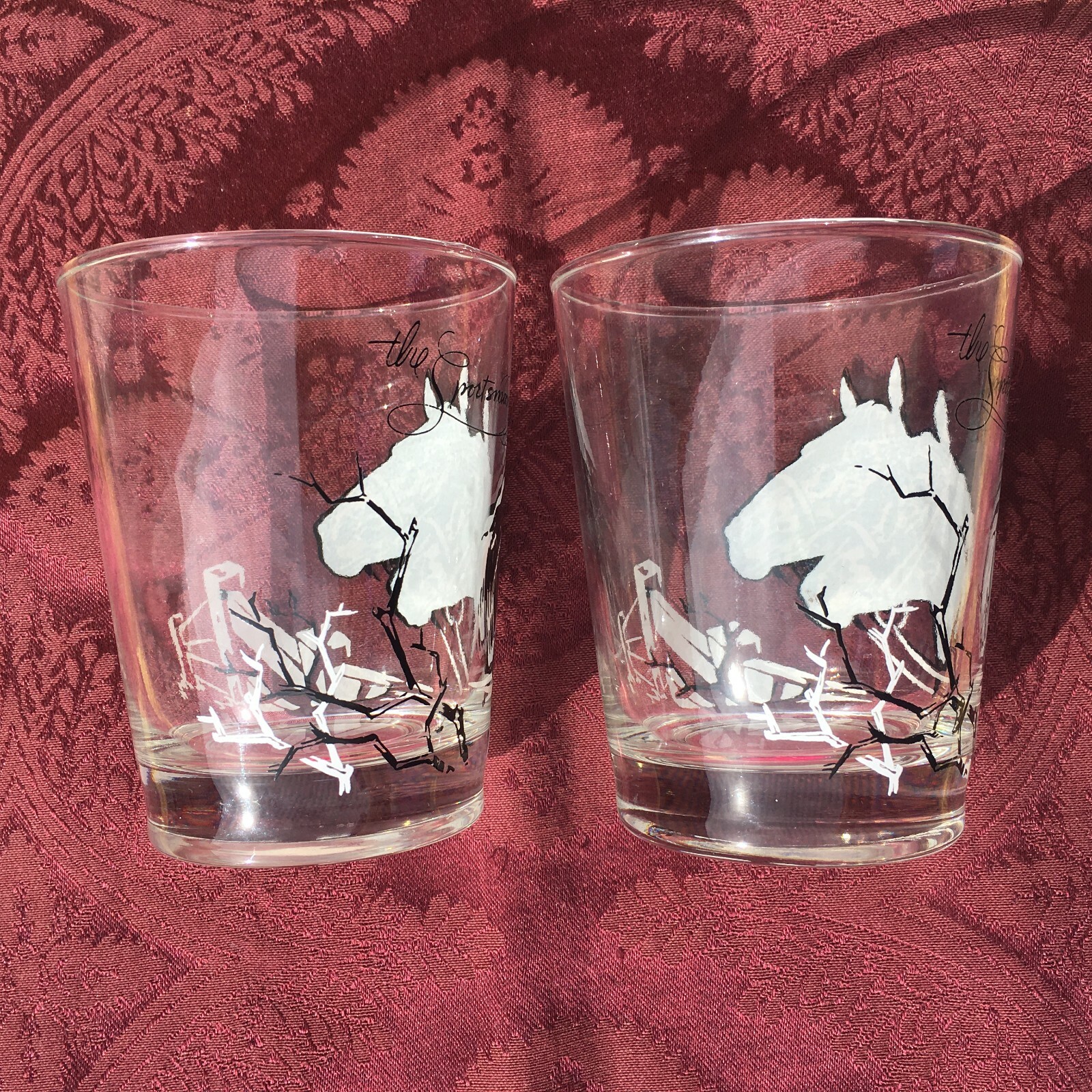 VTG Mid Century MCM Equestrian Highball Drinking Glasses Horse Race Western Pair