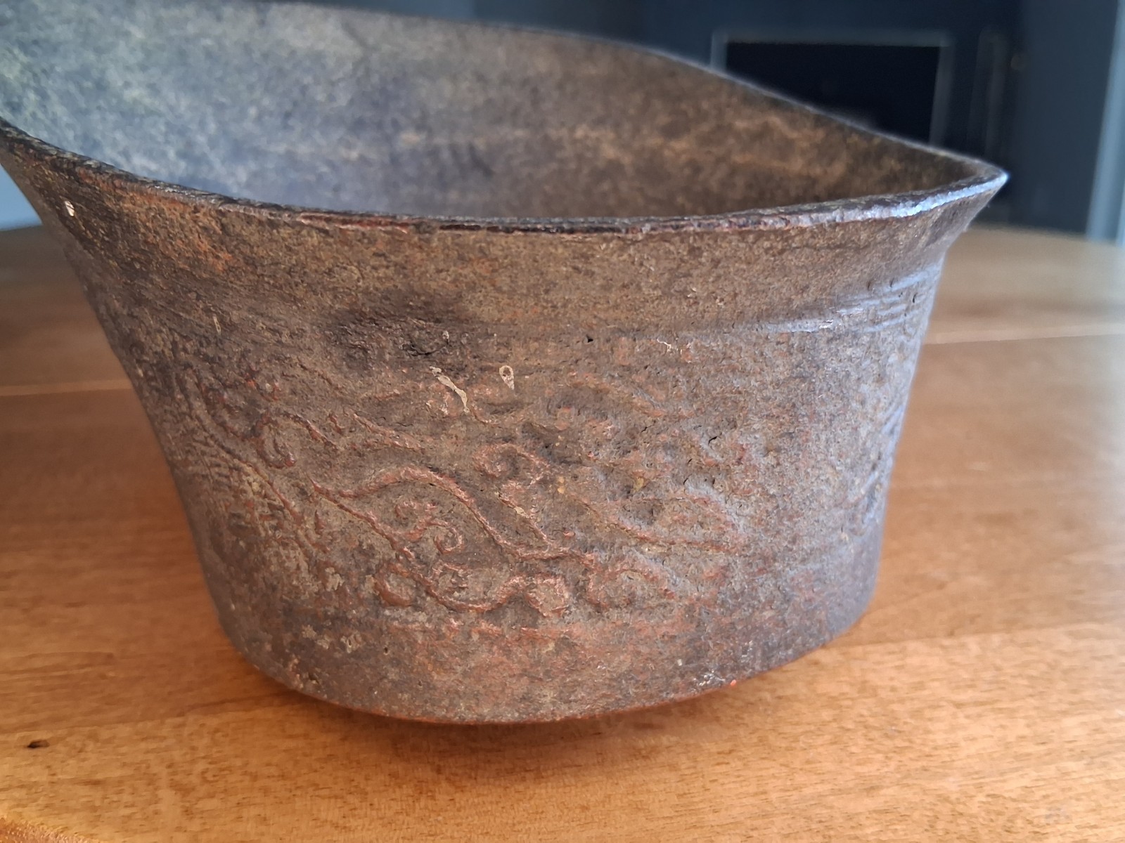 Antique 12" Big Chinese Bronze Silk Iron w/ Carved Cinnabar Handle, Hole Shown