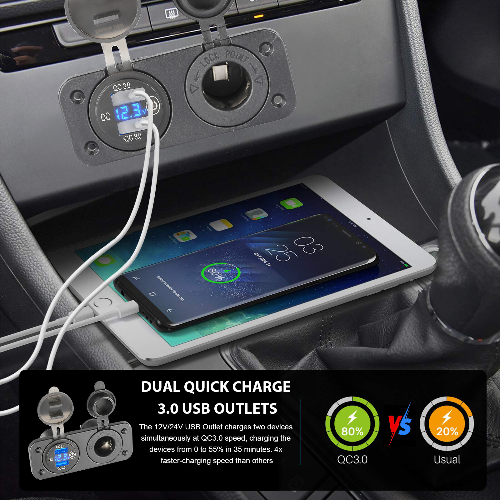 12V QC3.0 Dual USB Charger Car Cigarette Lighter Socket Plug Panel For Car Truck