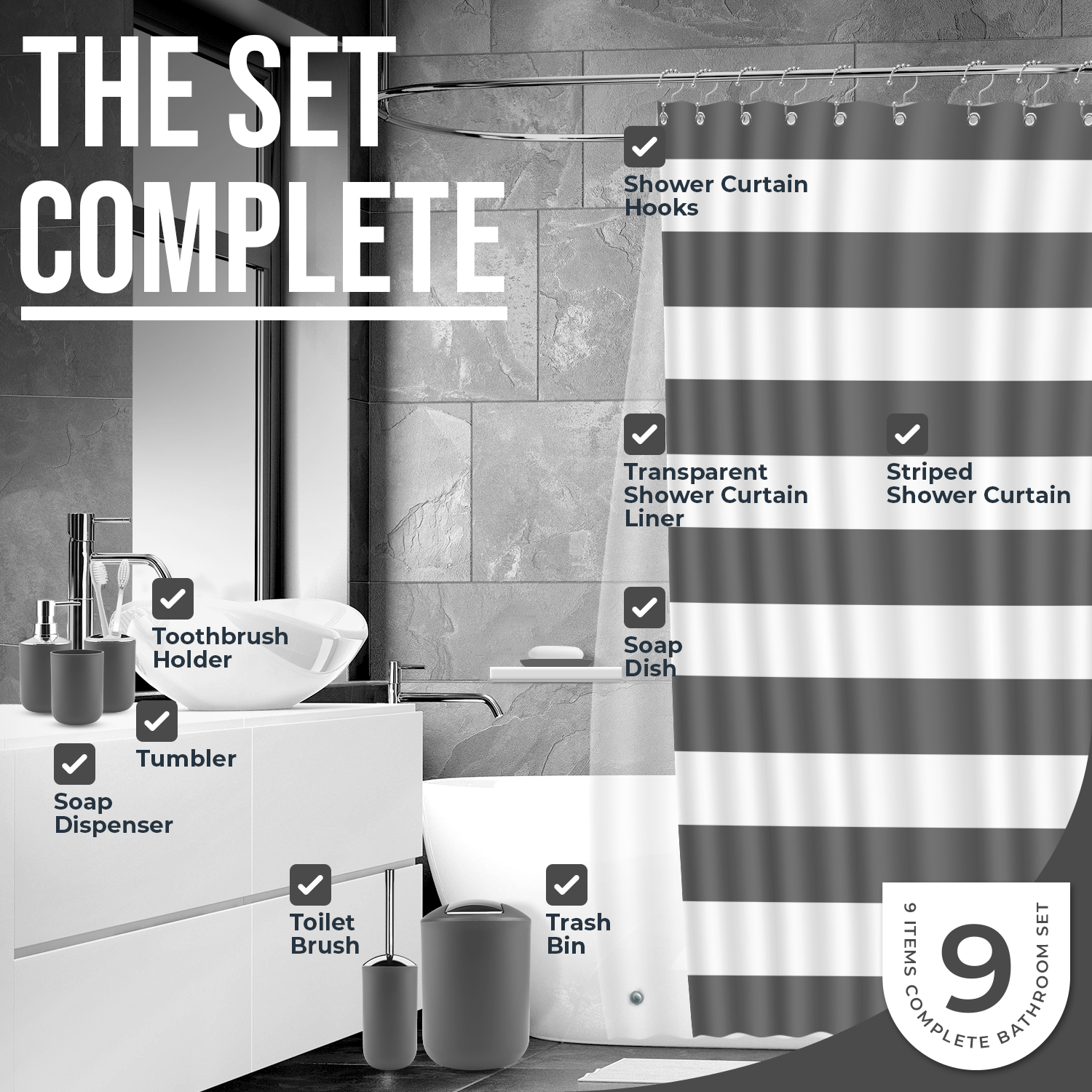 12 Piece Bathroom Accessories Set Shower Curtain 3 Rugs Toilet Brush and More