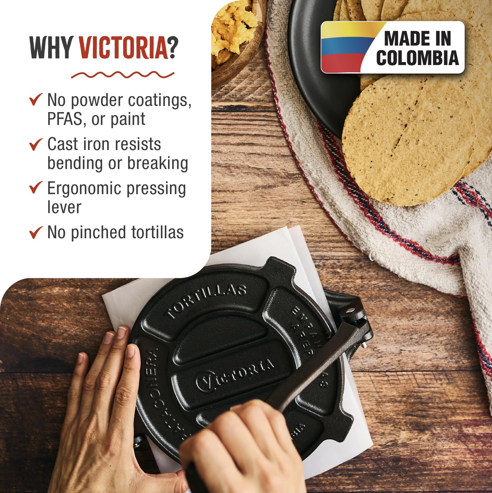 Victoria Cast Iron Tortilla Press, Tortilla and Roti Maker, Made in Colombia