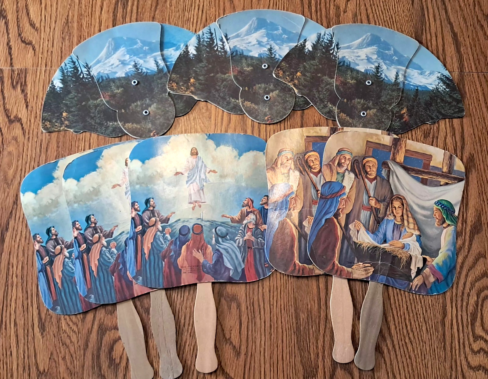 8 VINTAGE FUNERAL FANS PAPER ADVERTISING FANS (3) TRI-FOLD CHRISTIAN RELIGION