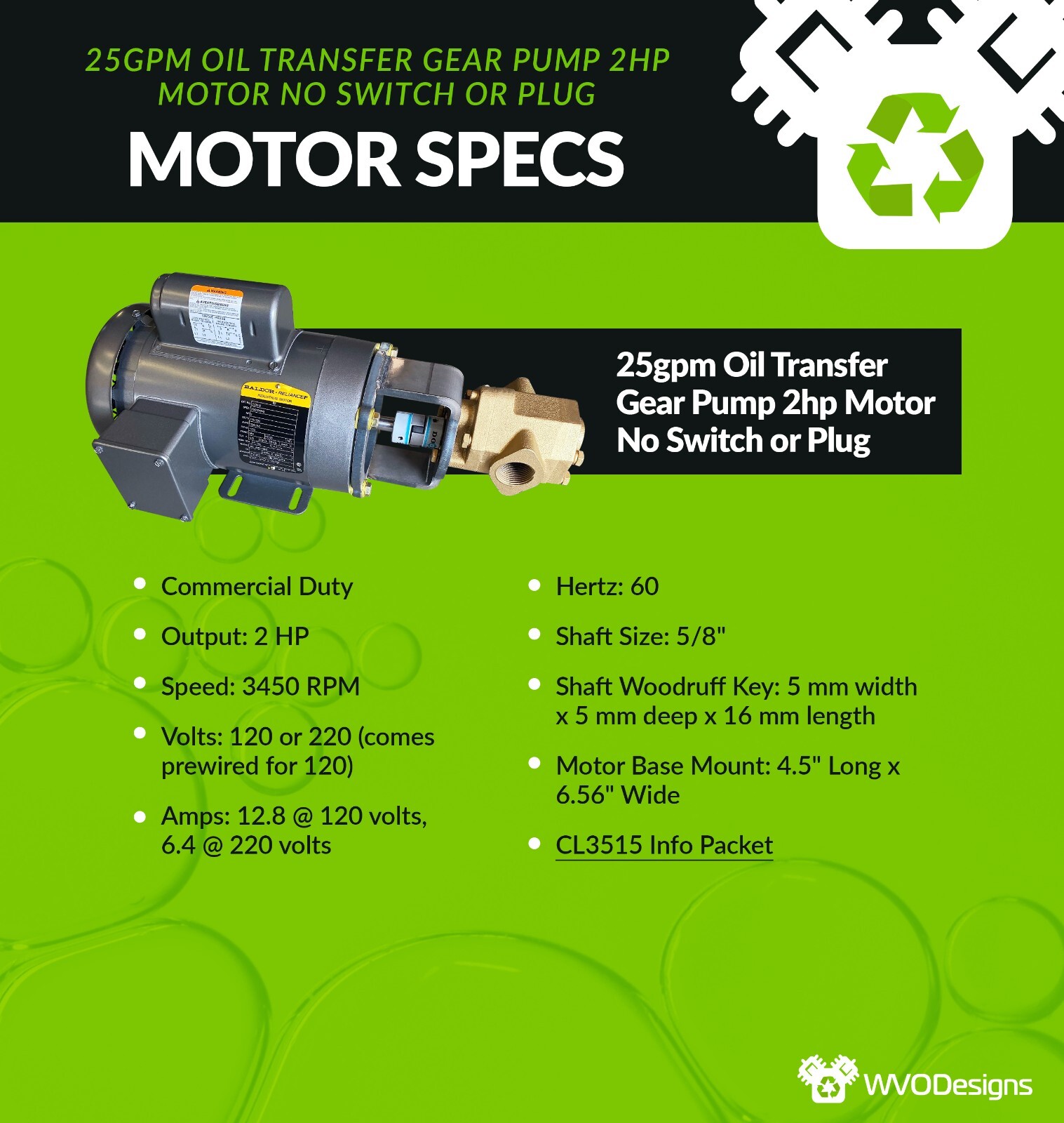 25gpm Oil Transfer Gear Pump with 1HP motor (No Switch, Plug, or Handle)