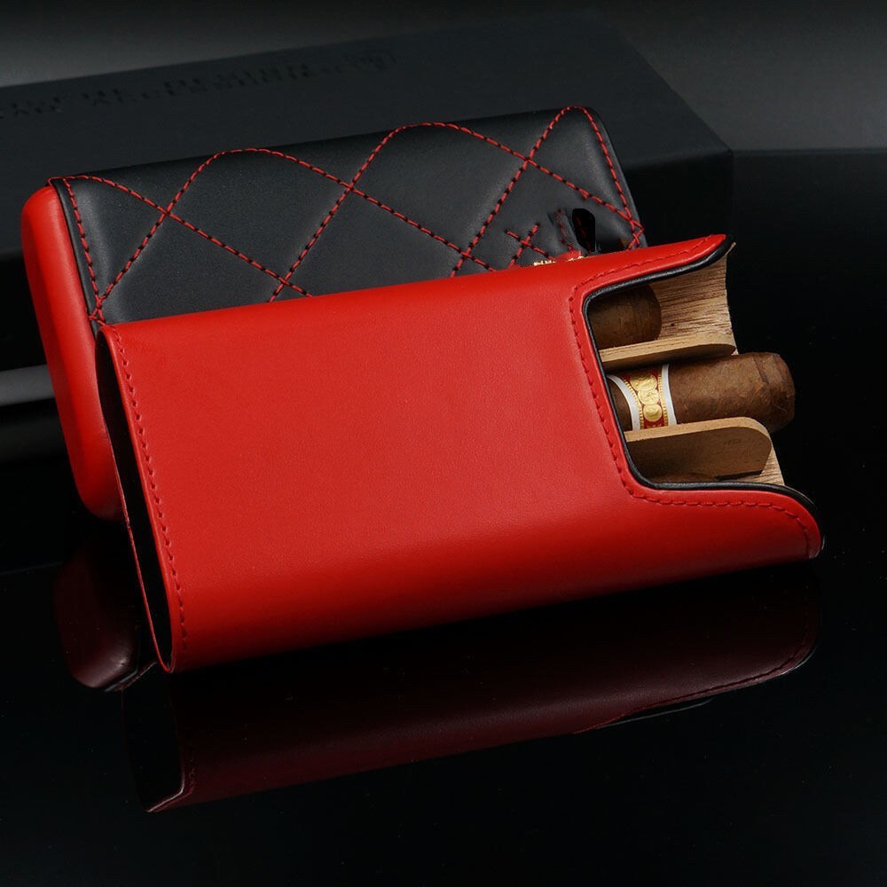 Portable Red Black Leather Cedar Wood 3 Ct Cigar Case Holder Travel Humidor