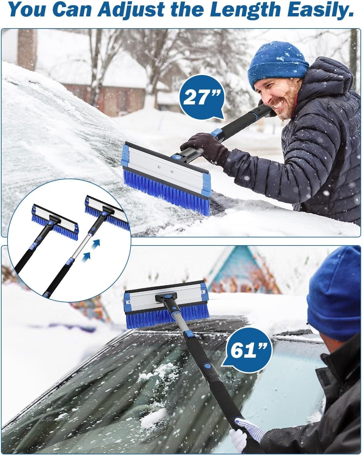 Multifunctional Car Snow Brush & Ice Scraper - 61.3″ Extendable with Helpers