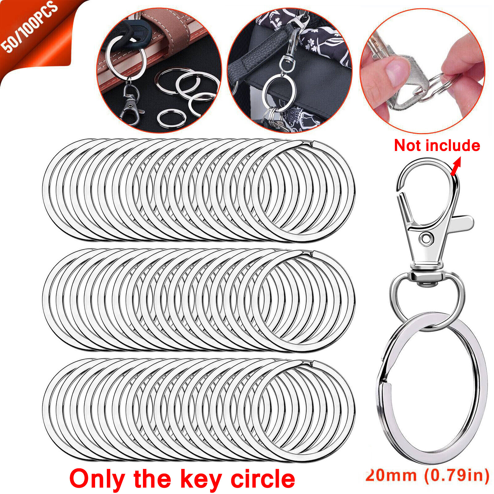 100/50 PCS Stainless Steel Key Rings Split Hoop-30/25/20mm DIY Flat Metal Chains
