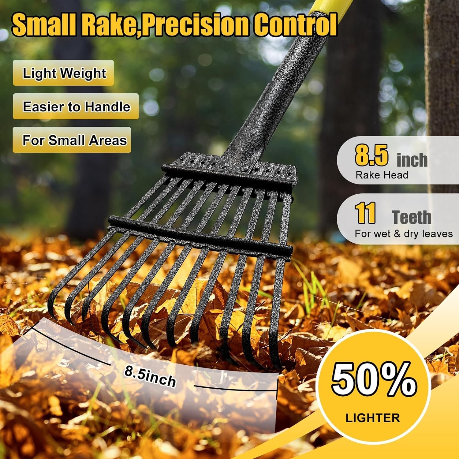 Heavy Duty Garden Leaf Rake 8.5" Wide Extendable Handle Compact Steel