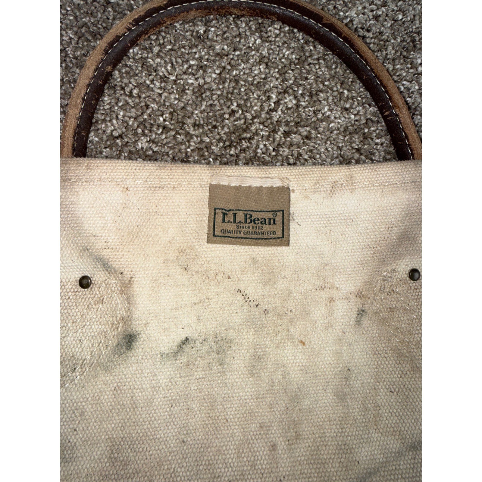 LL Bean Log Carrier Unisex Large Cream Fair Canvas Leather Handle Vintage Tote
