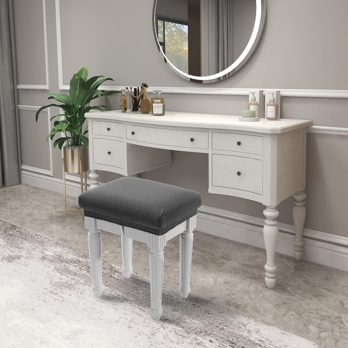 Luxury Vanity Bench Stool Cover, (15"- 20") L x (11.8"- 15.7") W Rectangle Sm...