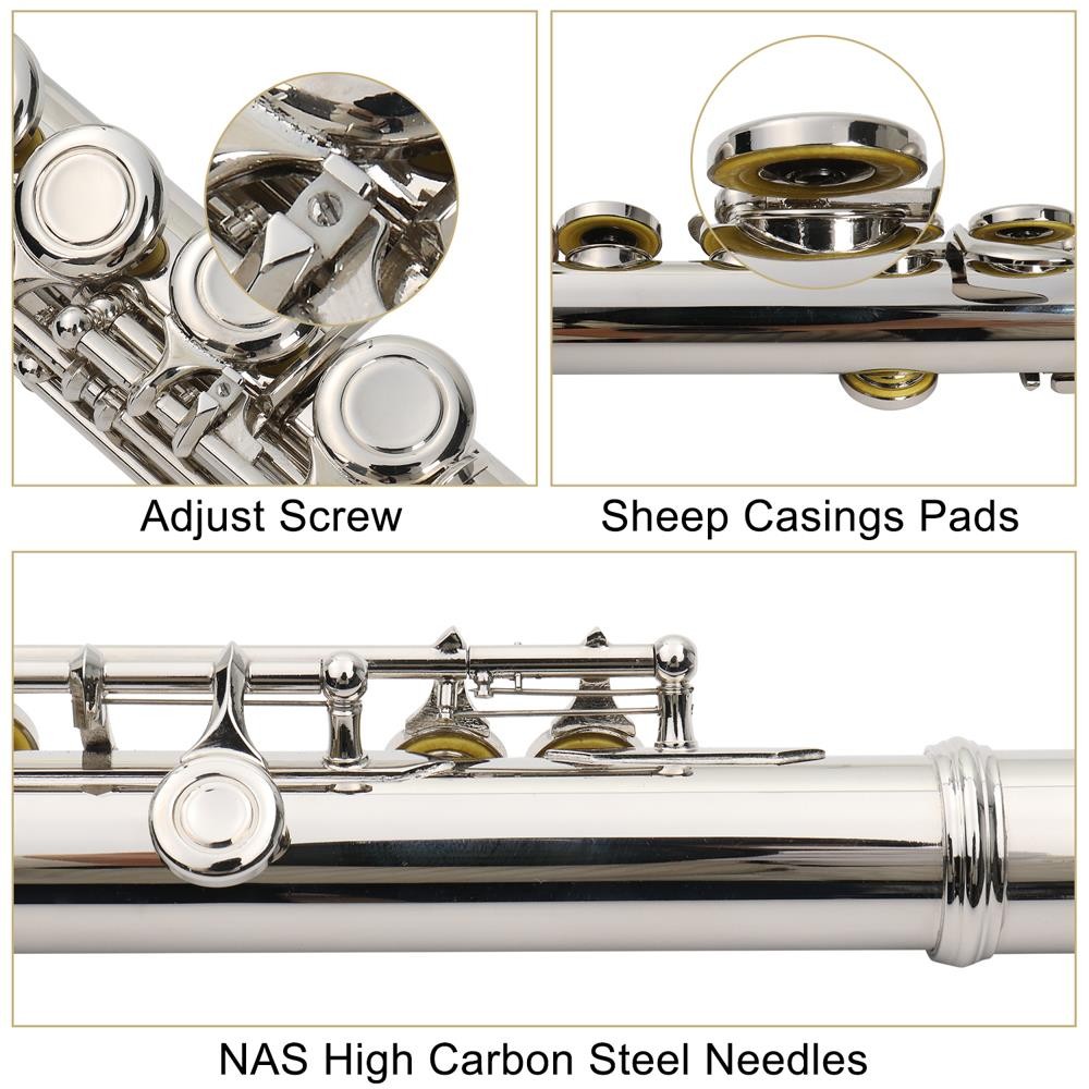 Ktaxon Professional Nickel Plated C Closed 16 Hole Concert Band Flute with E Key