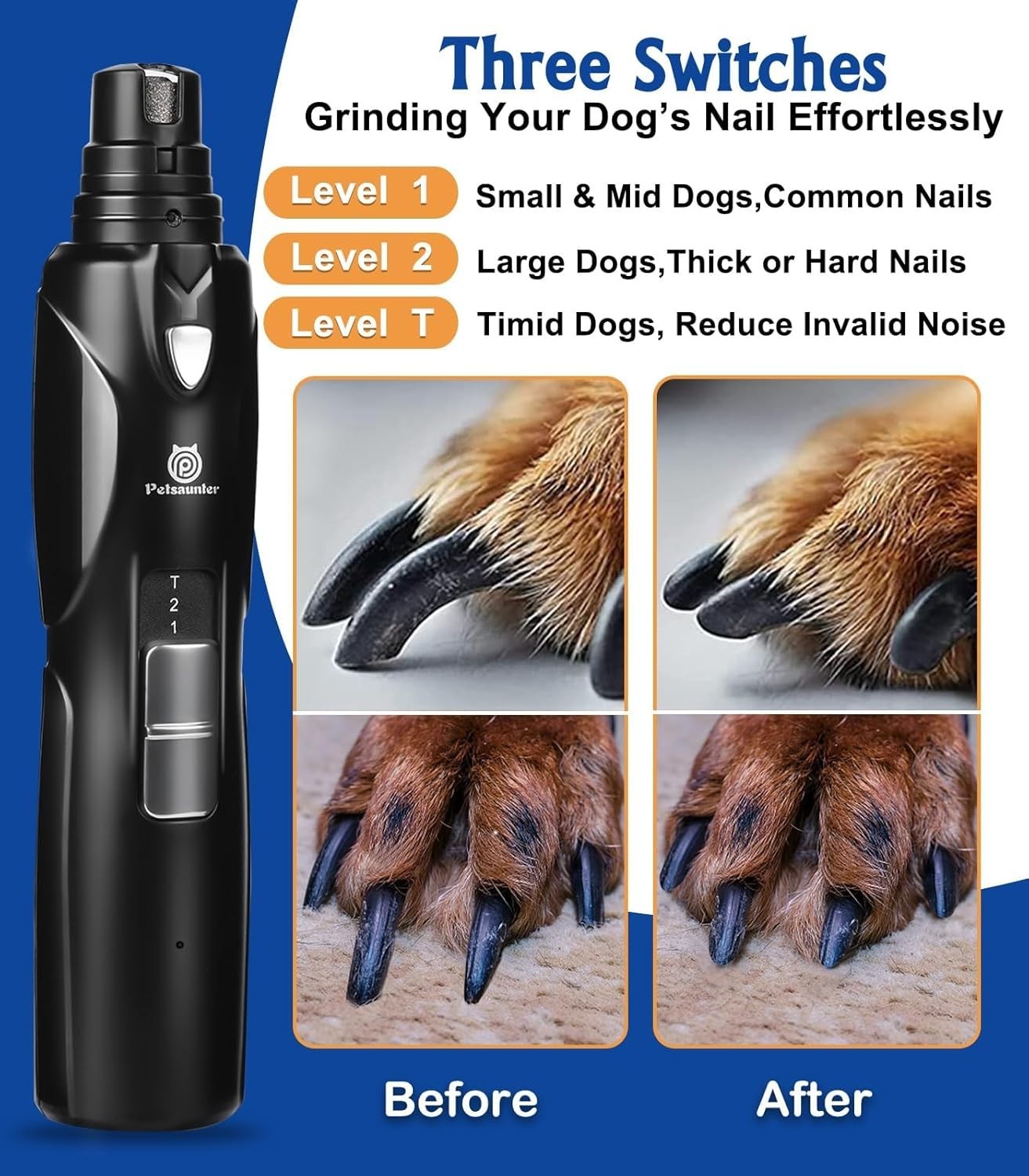 Dog Nail Grinder 2-Speed LED Light Quiet Low-Vibration Large Small Pets