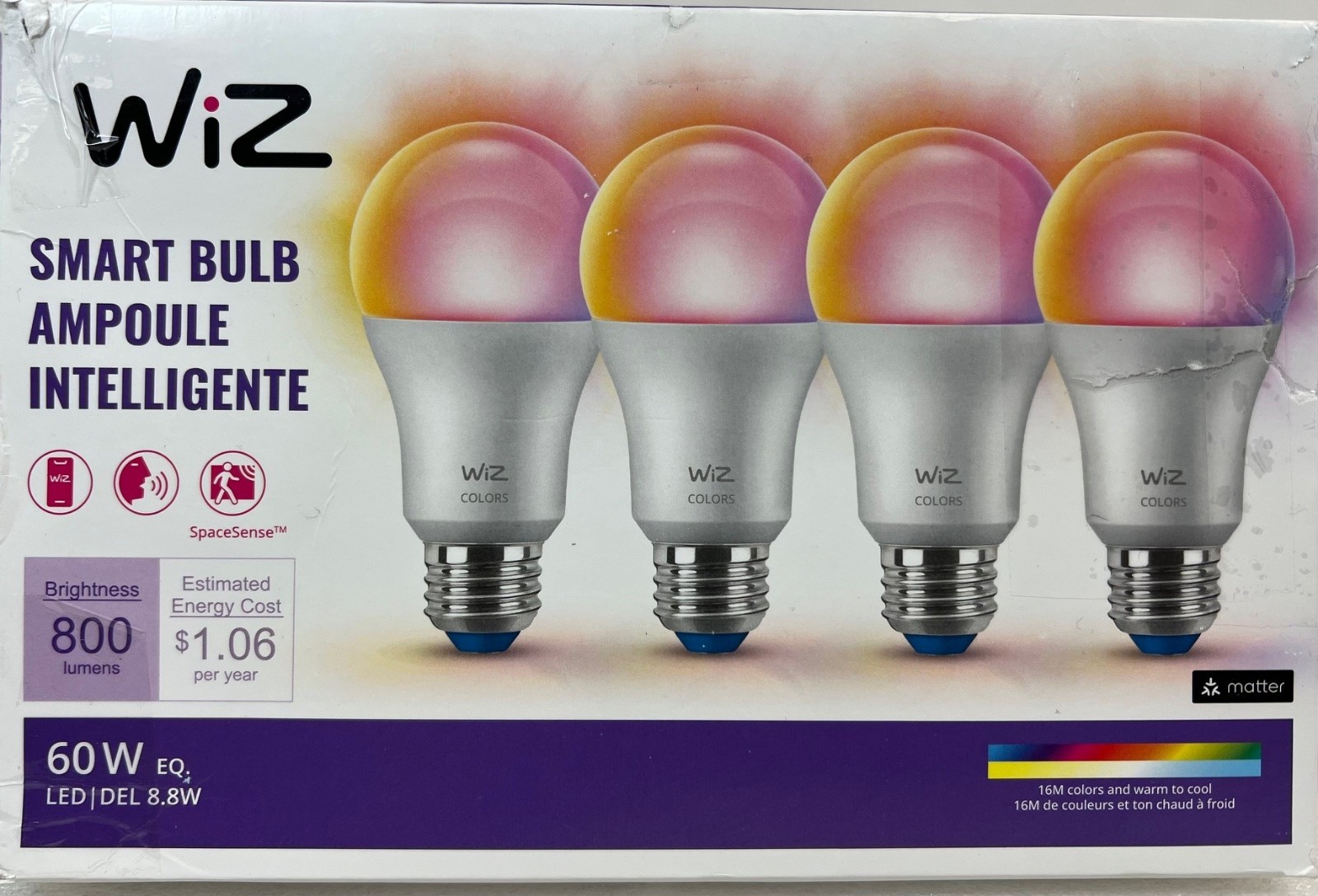 Wiz 60W LED A19 Color Smart Bulb 800 Lumens- 16M Colors Warm to Cool - 4 Pack