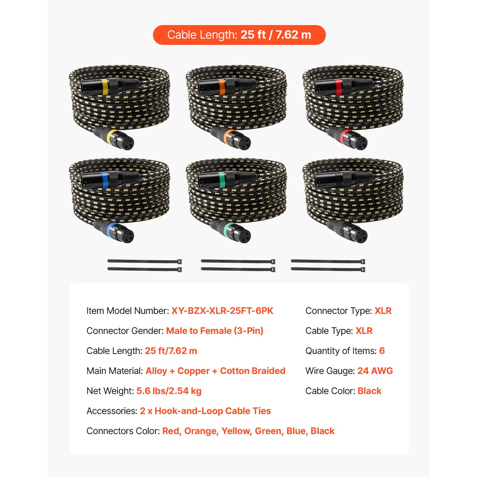 Uimoso 25 ft 6-Pack XLR Cables, Balanced 3-Pin Male to Female Microphone Cords