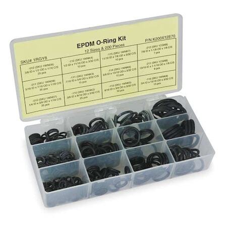 Zoro Select 1Rgy8 O Ring Assortment,Epdm,200 Pcs,12 Sizes