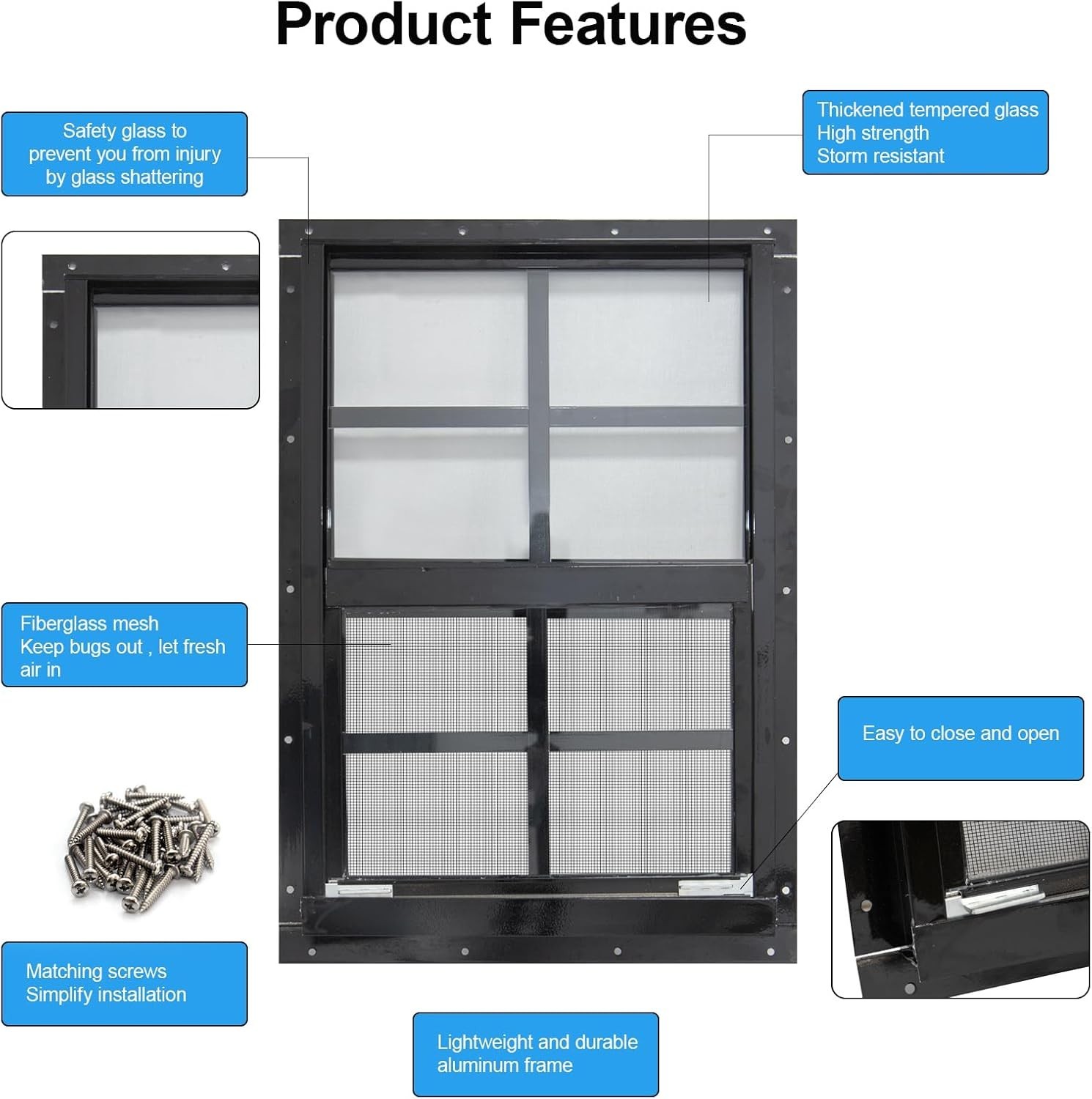 2 Pack Shed Windows with Black Frame, 24 x 36 Flush Mount Small Window with T...