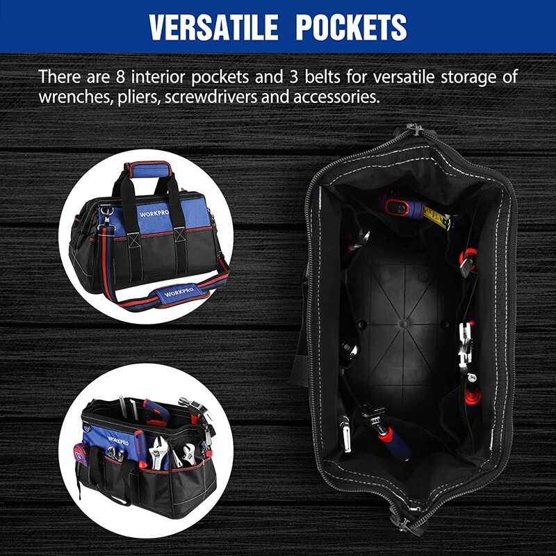 WORKPRO 16-inch Wide Mouth Tool Bag Heavy Duty Tool Storage Bag w/Shoulder Strap