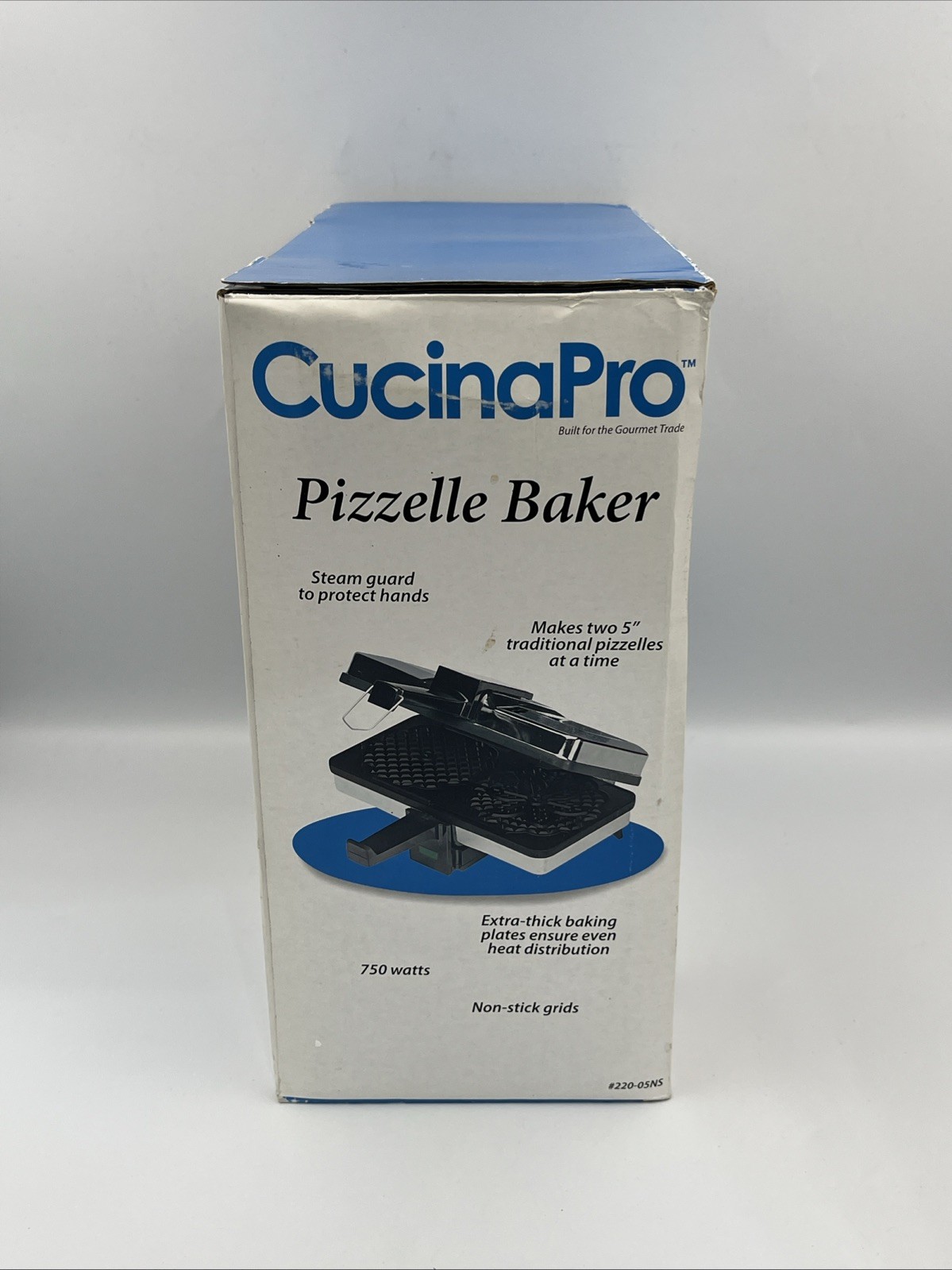 CucinaPro Pizzelle Baker 750 Watts Non-Stick Grids Two 5" 220-05NS Open Box
