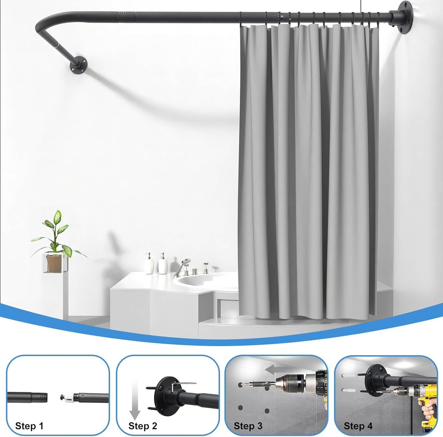 L Shaped Shower Curtain Rod,Adjustable Corner Shower Rod