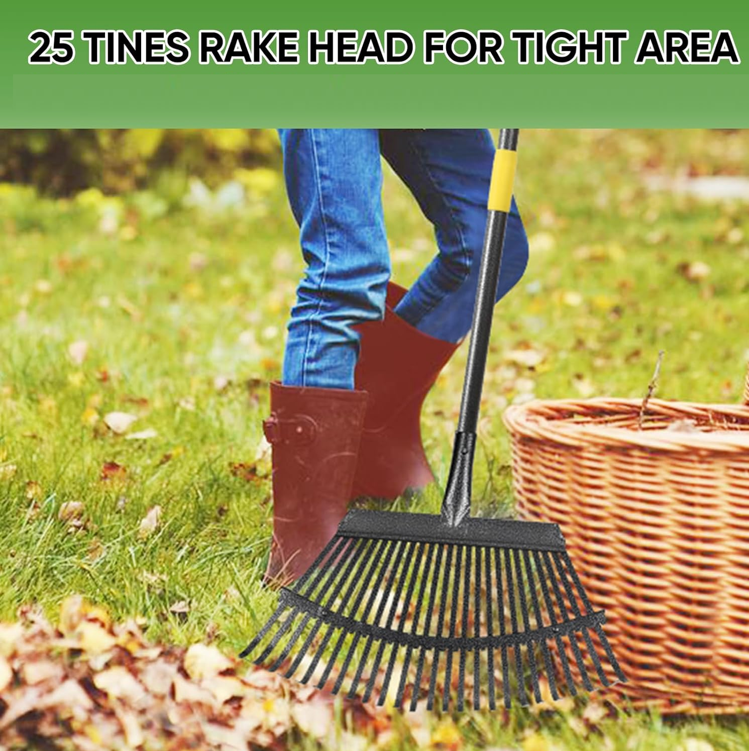30~60" Long handle 25 Metal Tines Effective Rack for Yard Lawn Shrub tree Leaves