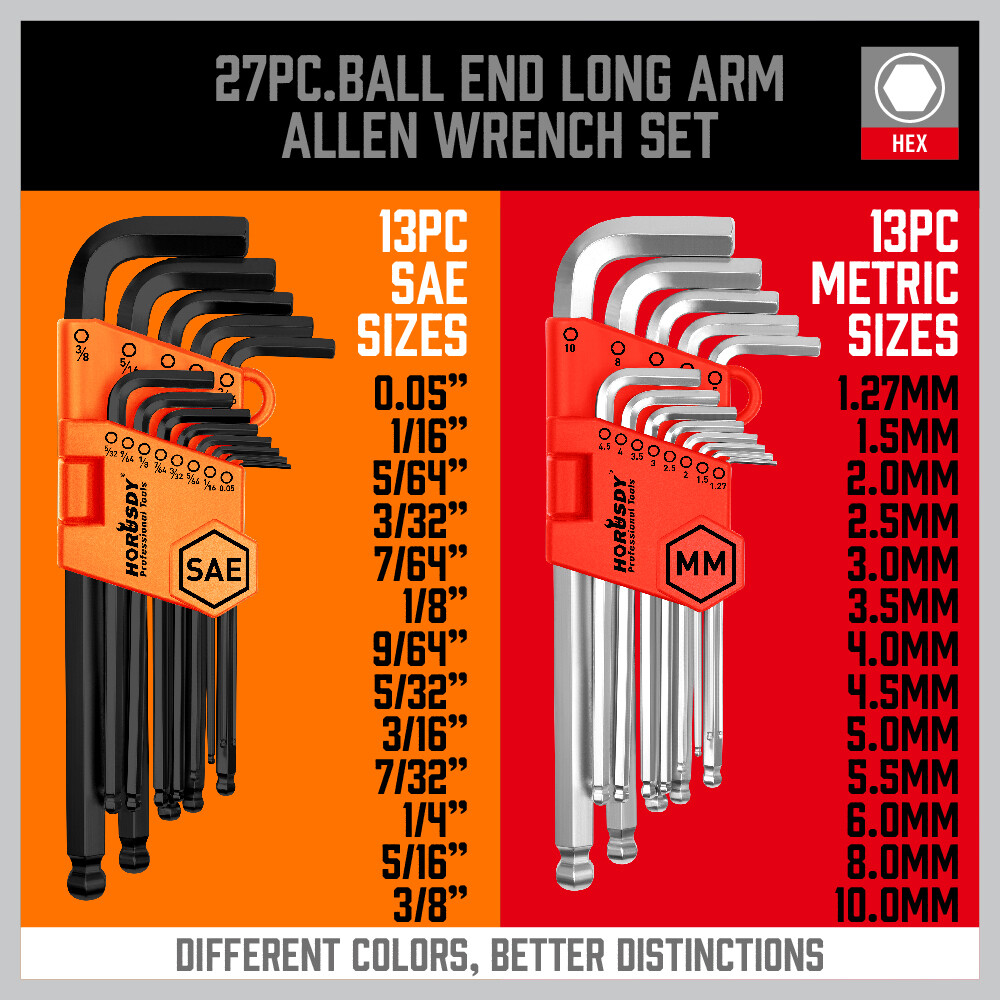 26 Allen Wrench Set Hex Key Set Tool Alan Hex Metric SAE Ball End Short Long Arm