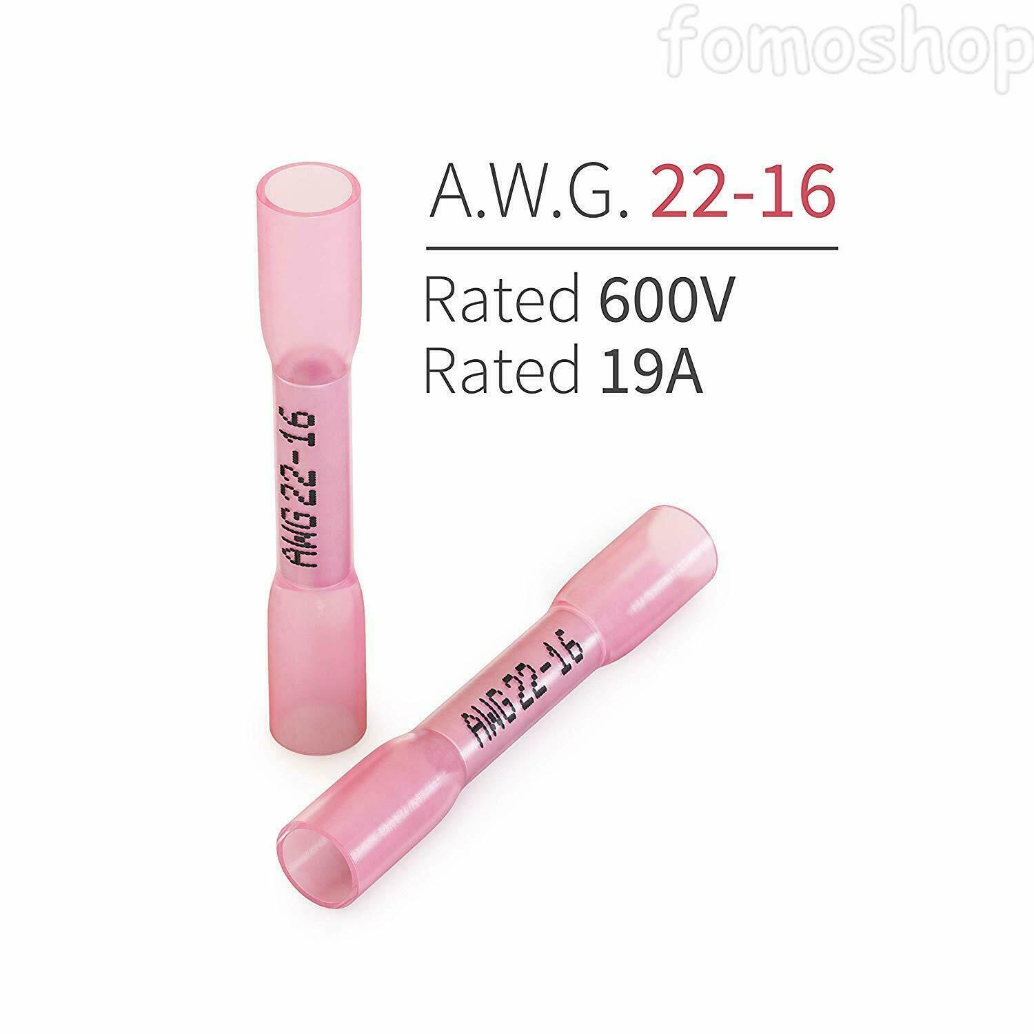 300Pcs Red Heat Shrink Butt Wire Connectors Crimp Terminals AWG 16-22 Gauge US