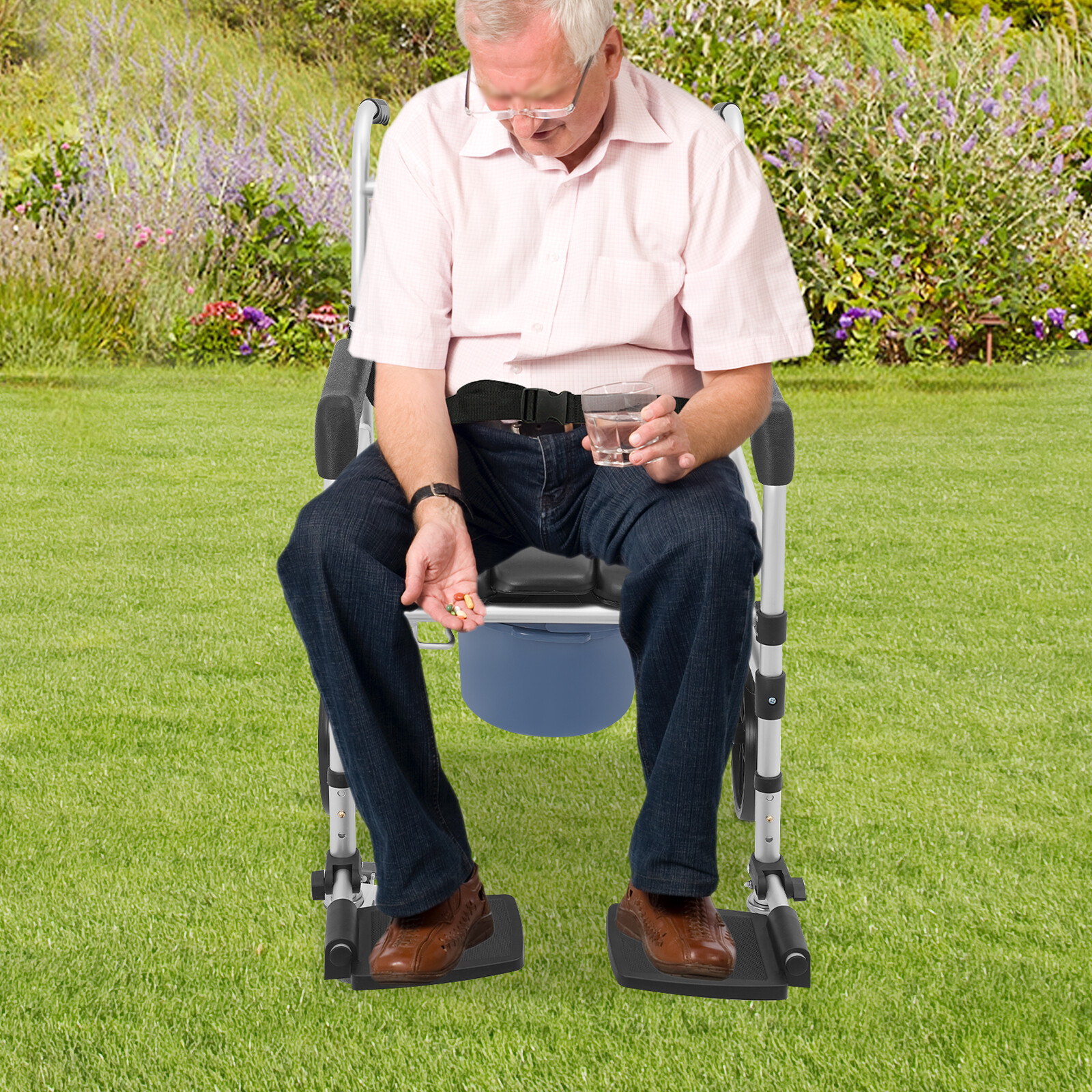 Foldable Shower Rolling Chair Adjustable Seat Folding Bath Wheelchair w/ Wheels