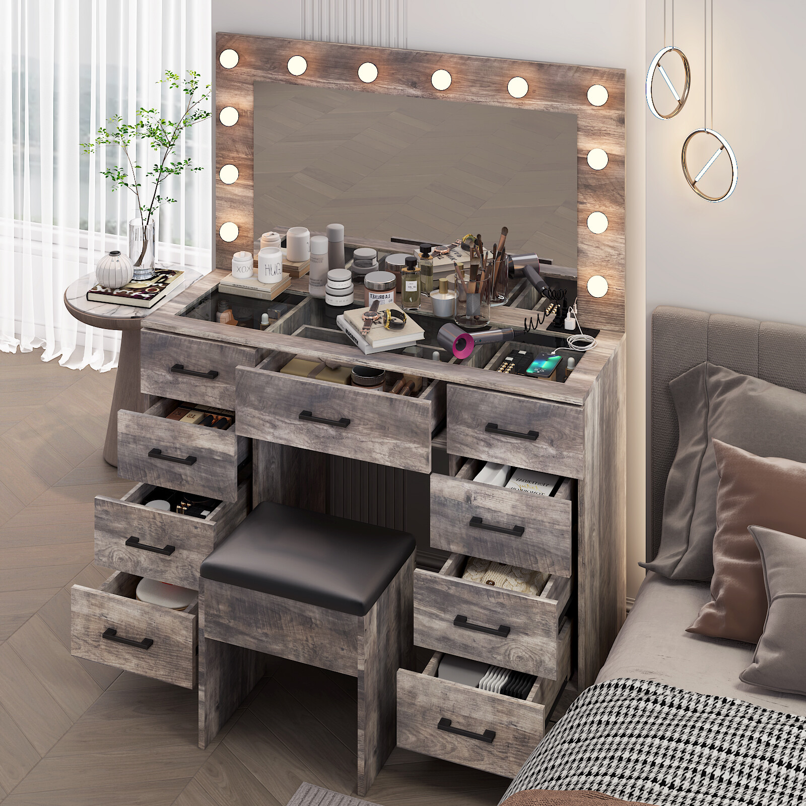 Vanity Set Desk 9 Drawers Large Mirror with Power Outlet LED Lights Makeup Table
