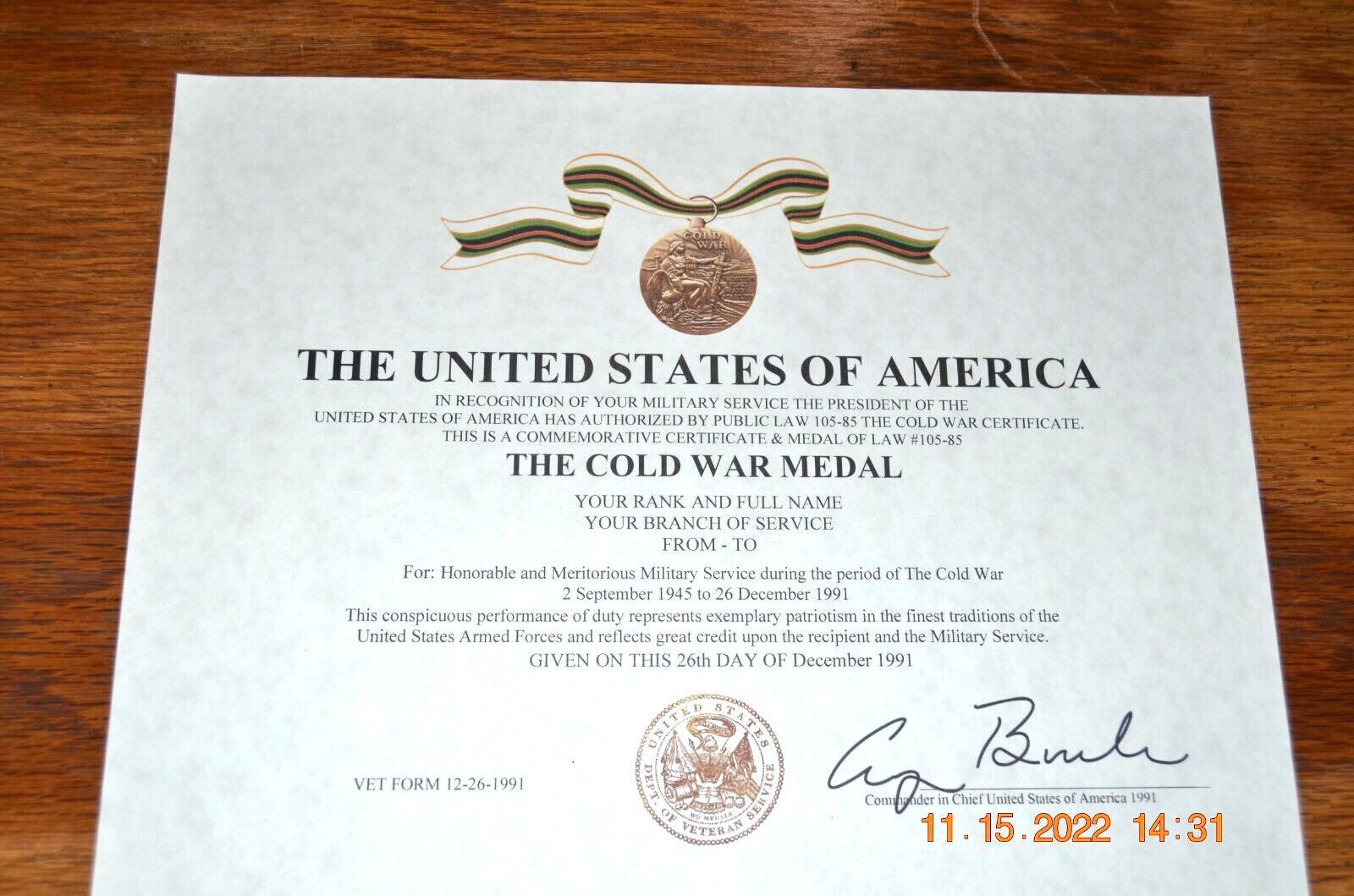 The Cold War Medal Certificate Army Navy Air Force Marines Merchant Coast Guard