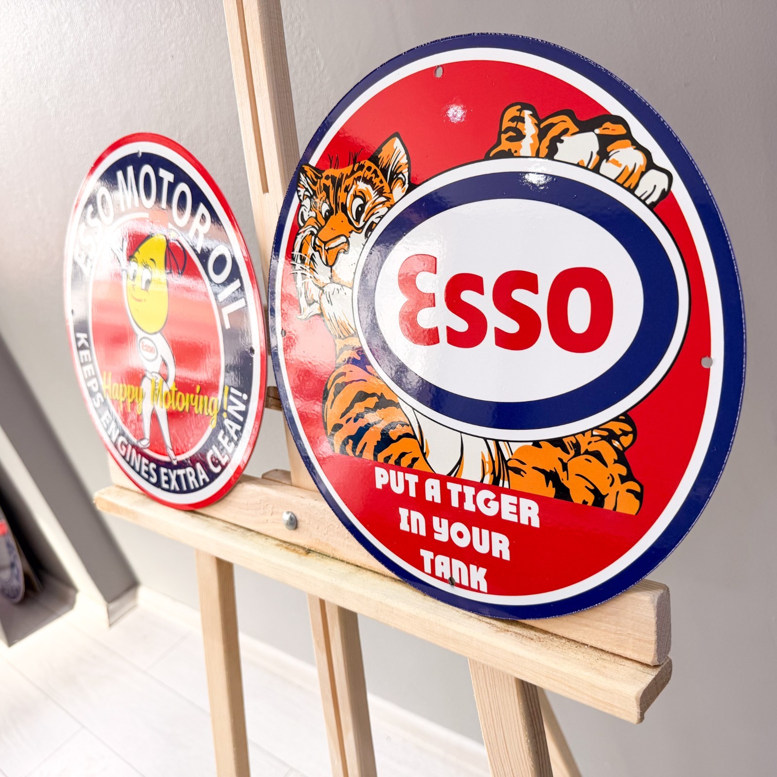 Esso Vintage Metal Sign Set of 2 Happy Motoring Female & Tiger – 30 cm / 11.8”