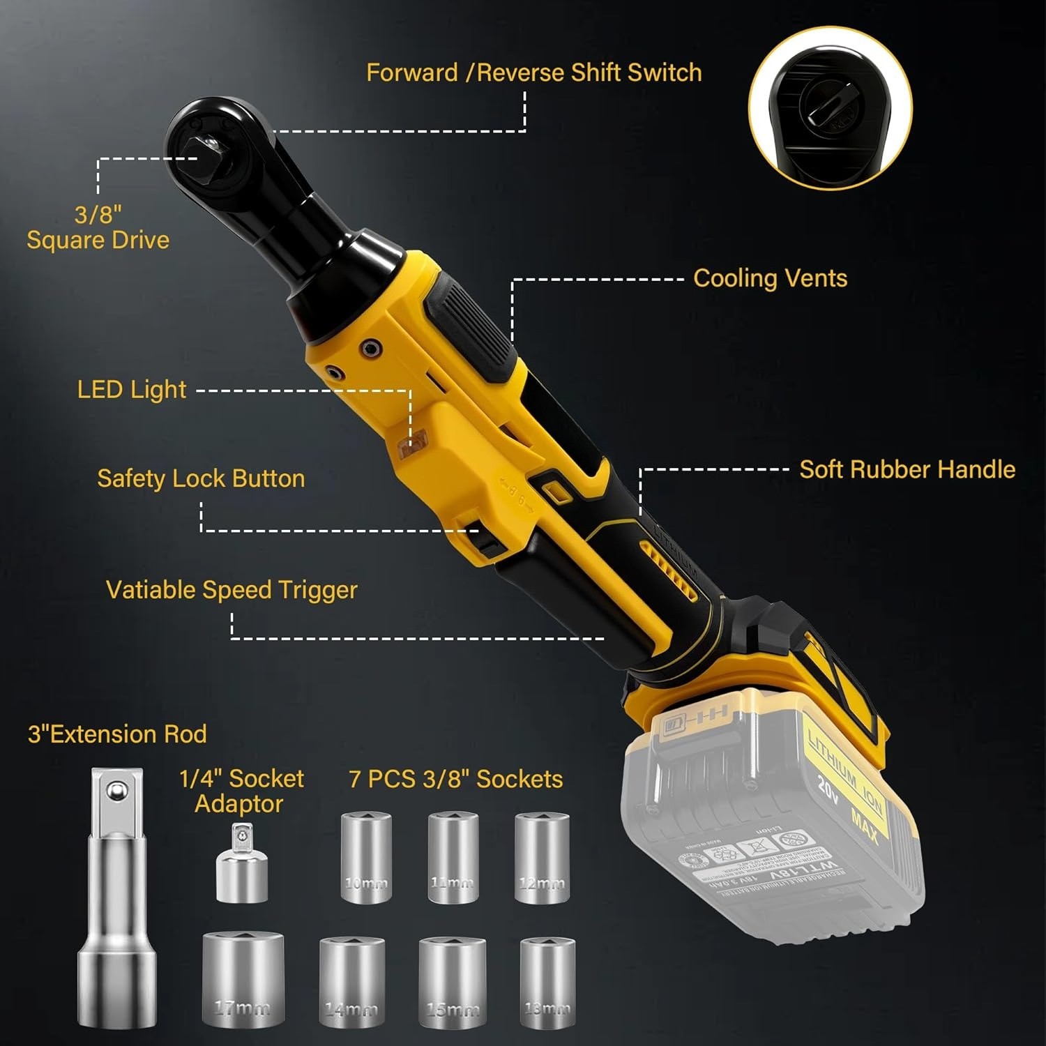 3/8" Cordless Ratchet Wrench for DEWALT 20V MAX Battery, 45 Ft-lbs(60 N.m)