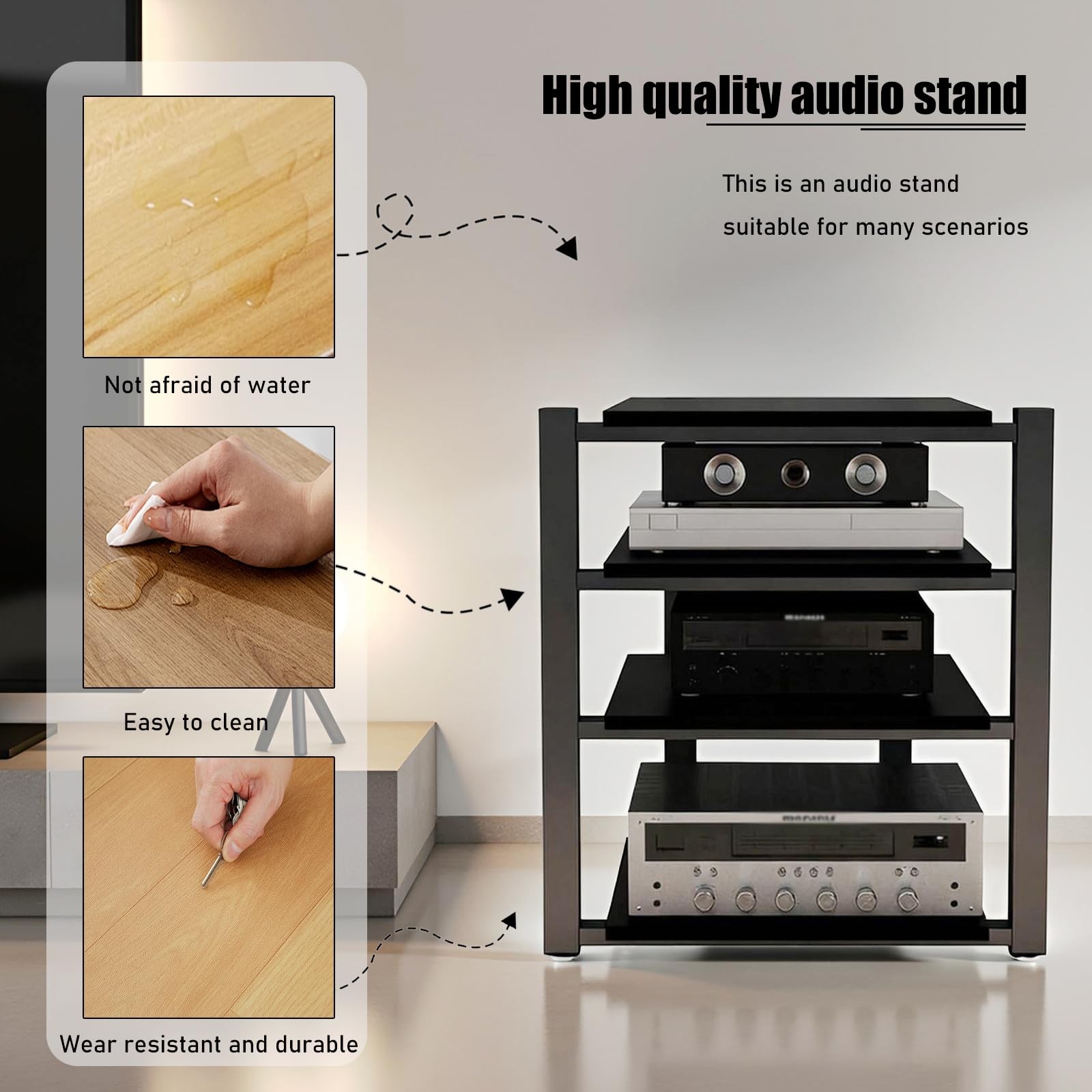 Heavy Duty Audio Rack Tower, Av Media Player Stand with Wooden Shelves, Black...