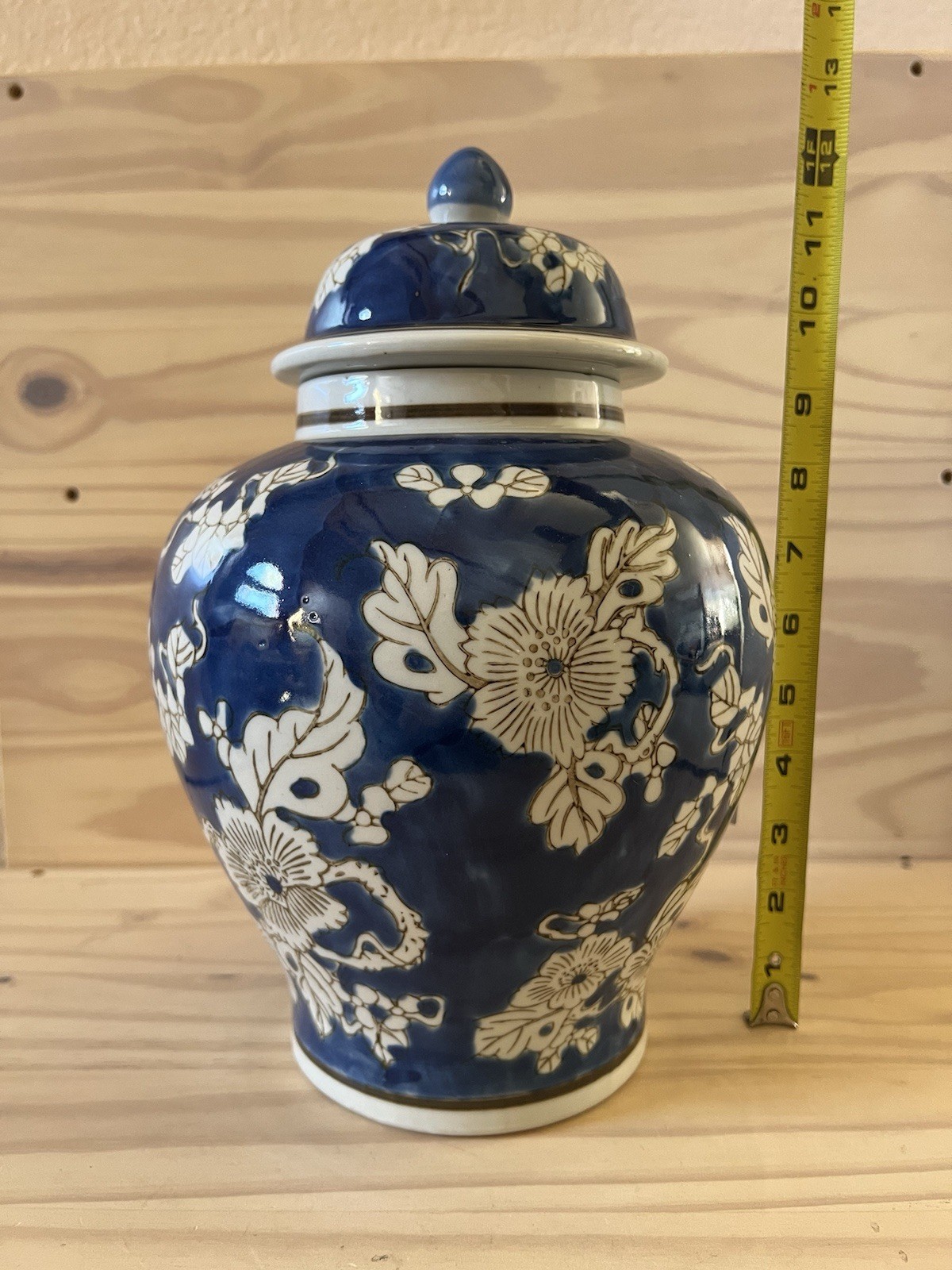 Galt International Blue and White Floral Chinoiserie Ginger Jar 12" w/Lid NEW