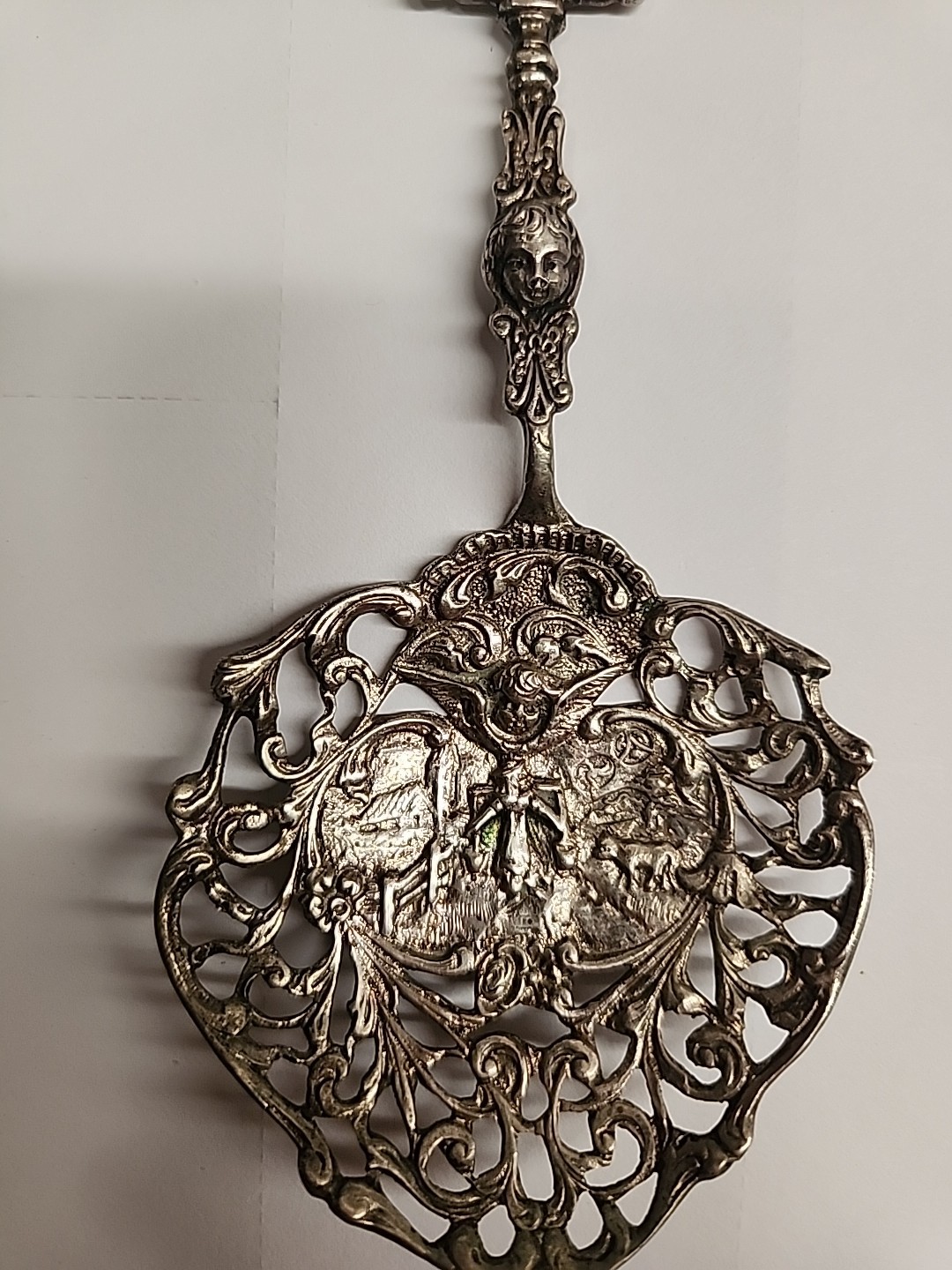 Antique Dutch Silver Tea Strainer / Spoon - Windmill & Ship Finial - 30.74g , 6"