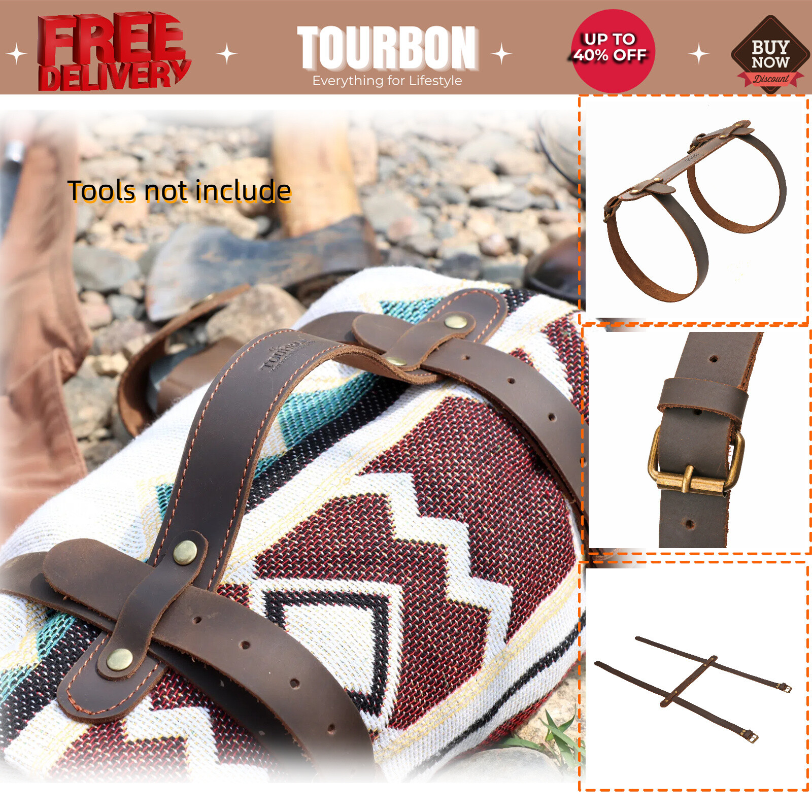 Tourbon Leather Picnic Blanket Carry Handle Camp/Trip Motorcycle Bedroll Strap🔥
