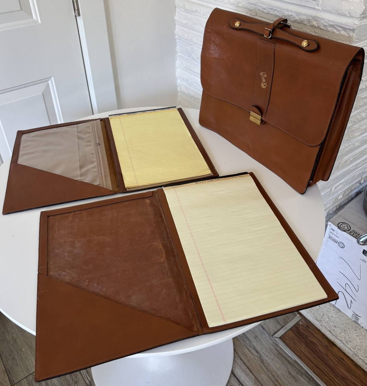 Leather Executive Briefcase w/ Padfolios + Metal Calculator Sleeve Vintage ABC