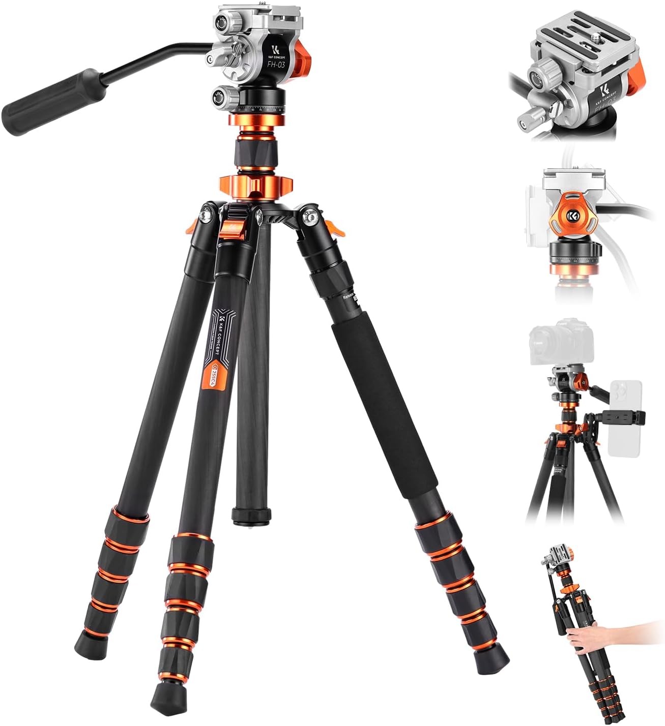 K&F Concept 67" Carbon Fiber Tripod Video Tripod w/ Fluid Head Load Capacity 8kg